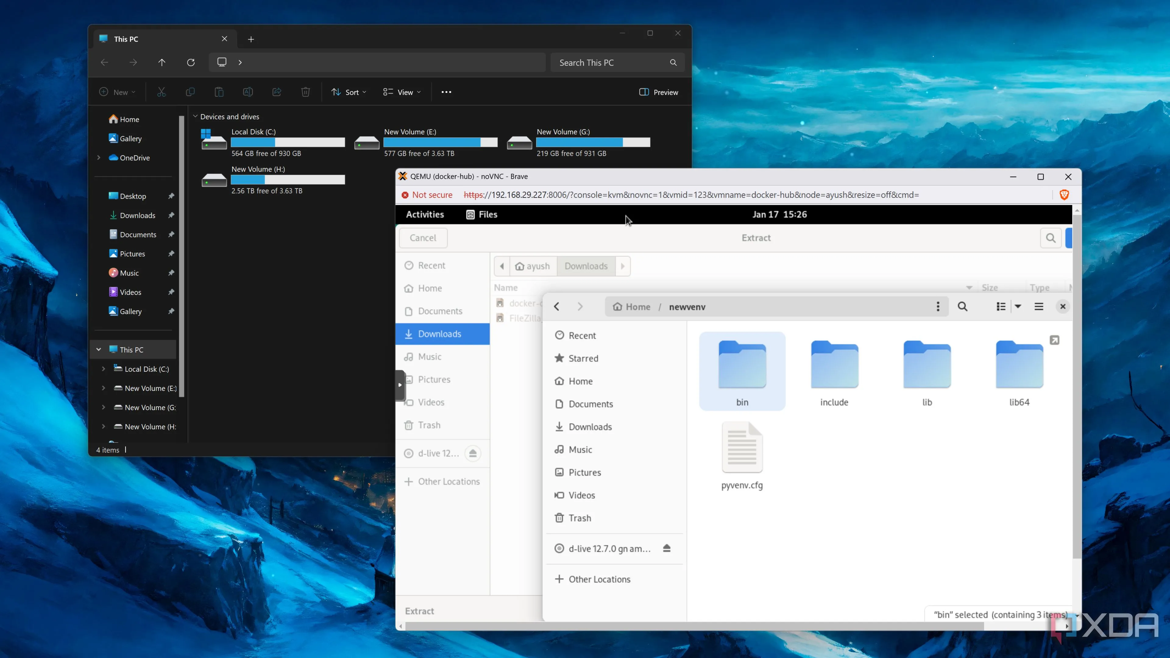 Máy ảo Debian chạy trên Proxmox với File Explorer của Windows 11 mở ở nền, minh họa cộng tác đa nền tảng