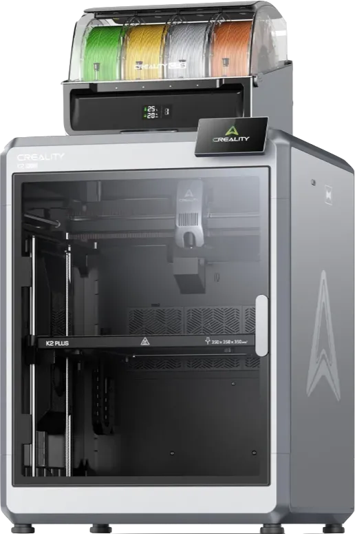 Máy in 3D Creality K2 Plus Combo trong suốt, minh họa khả năng in đa vật liệu và buồng gia nhiệt