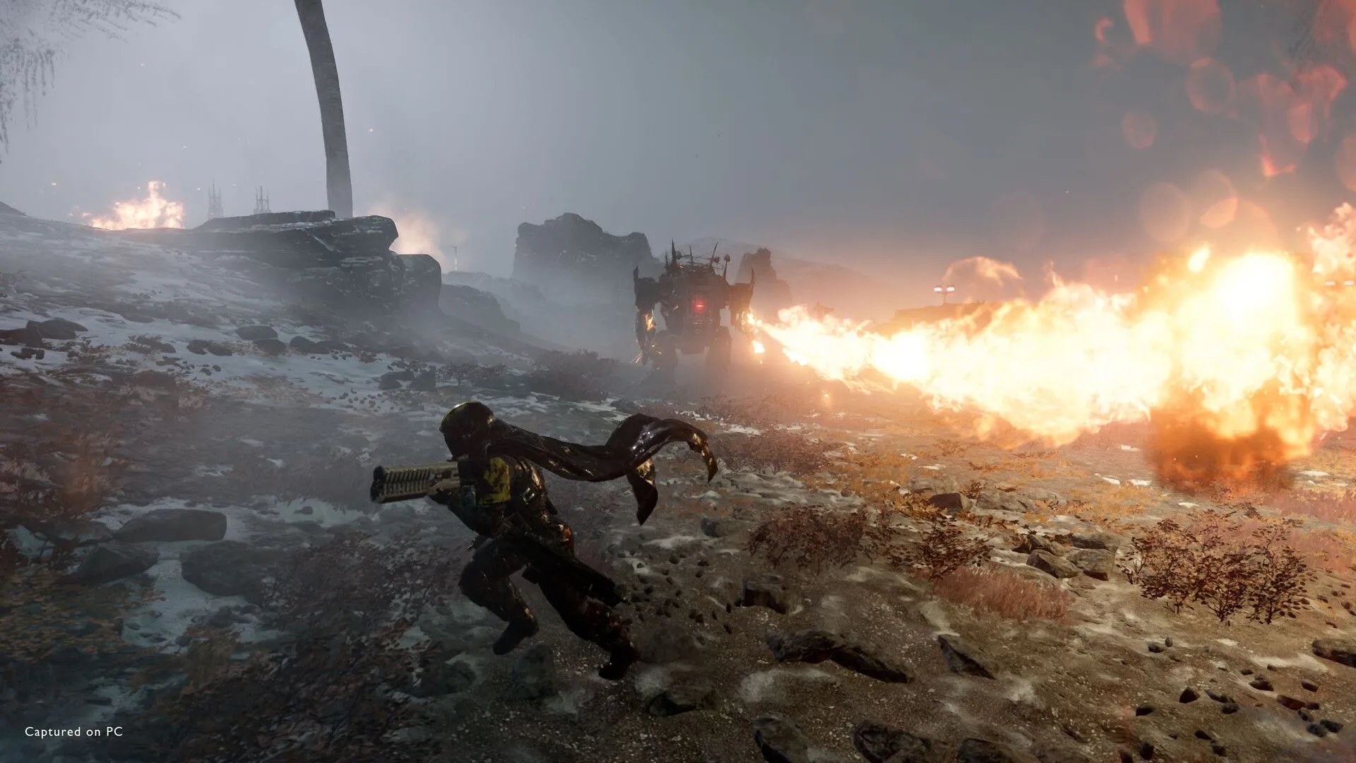 Mech chiến đấu phun lửa trong Helldivers 2, minh họa các phương tiện hỗ trợ mạnh mẽ.