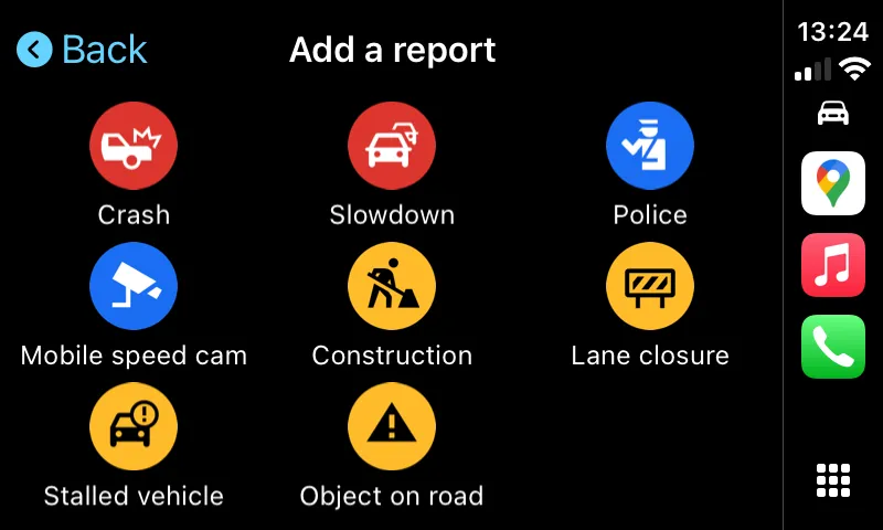 Menu báo cáo sự cố giao thông trên Google Maps CarPlay, cho phép người dùng báo cáo tai nạn, cảnh sát, camera phạt nguội.