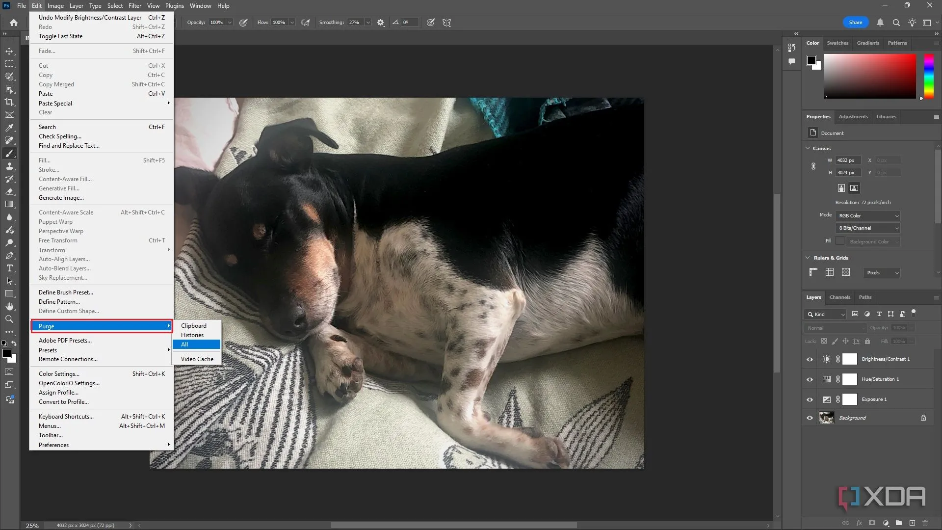 Menu Purge để xóa bộ nhớ tạm thời (All, Histories, Clipboard) trong Photoshop