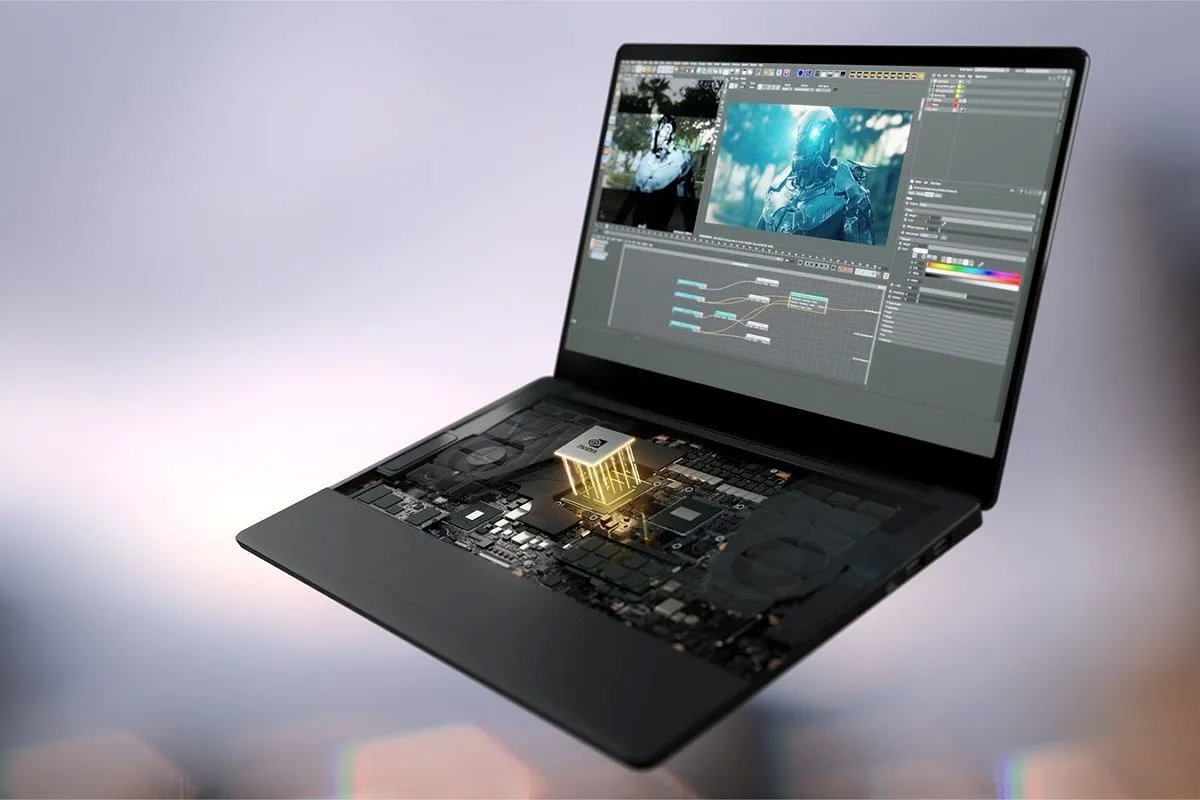 Minh họa chip GPU NVIDIA RTX di động bên trong laptop, tượng trưng cho sức mạnh đồ họa của laptop gaming