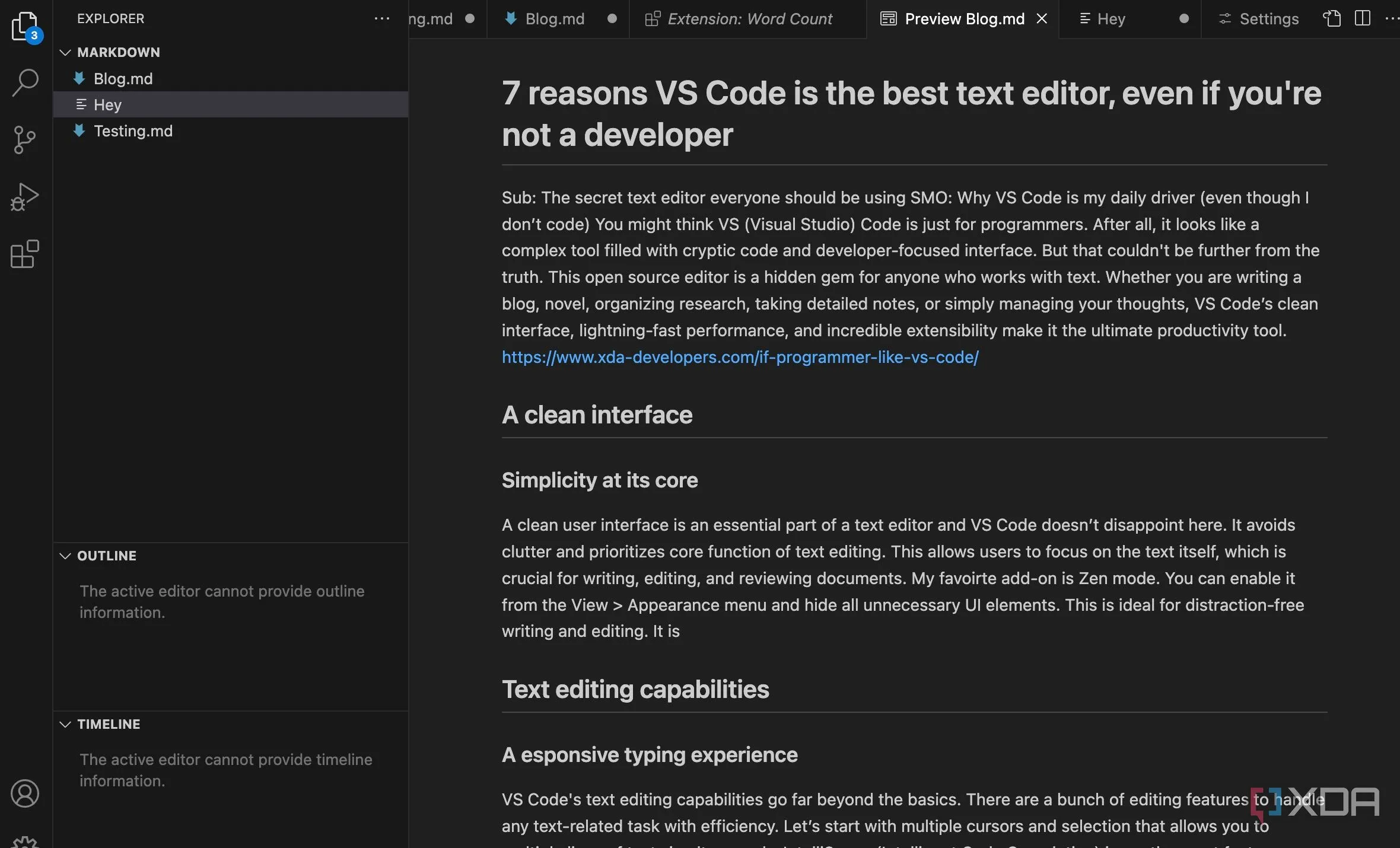 Minh họa hỗ trợ Markdown và tính năng xem trước trong VS Code