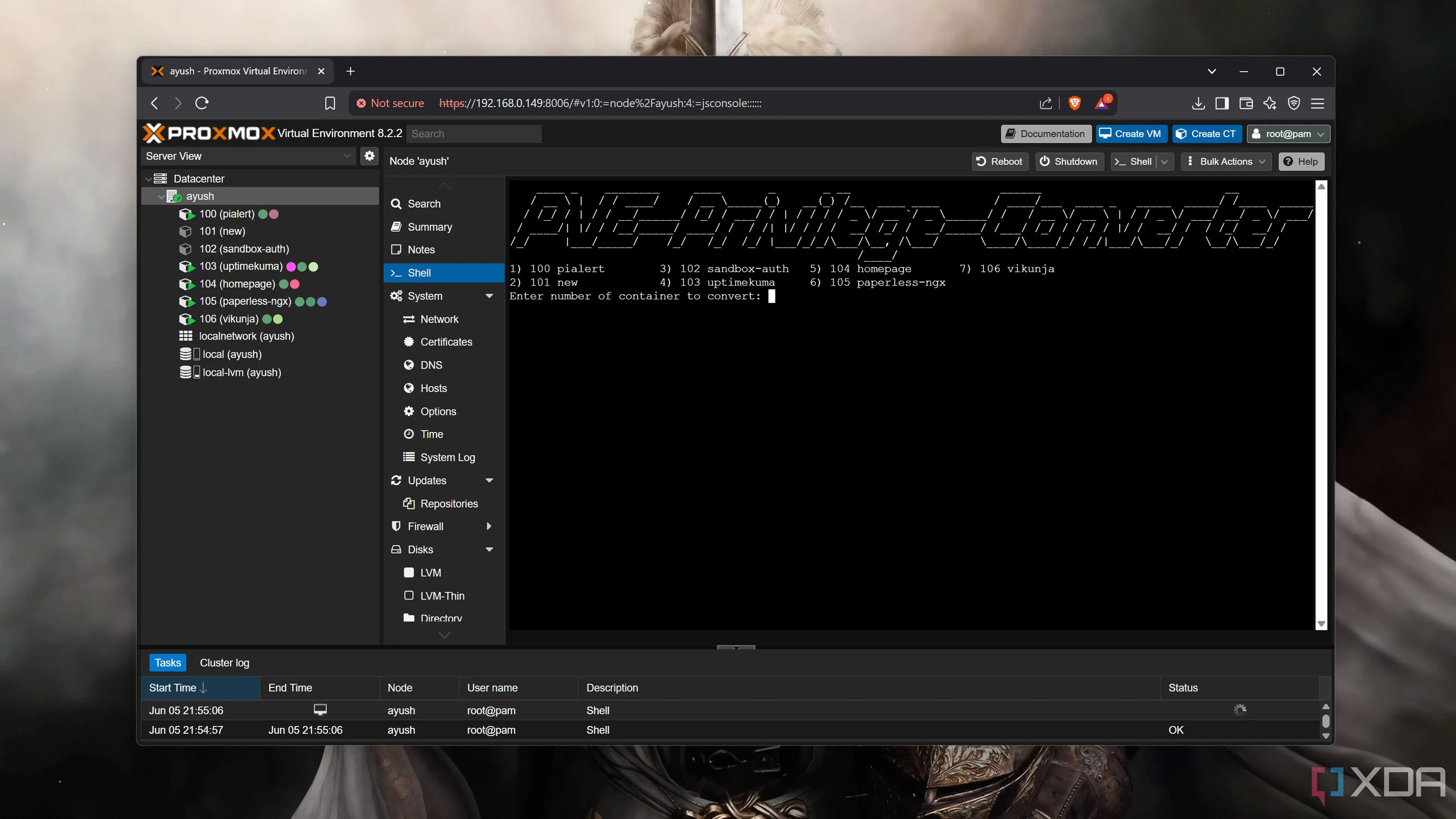 Minh họa việc chạy script PVE Privilege Converter trên Proxmox, cho phép chuyển đổi chế độ đặc quyền (privileged) hoặc không đặc quyền (unprivileged) của container LXC một cách dễ dàng.