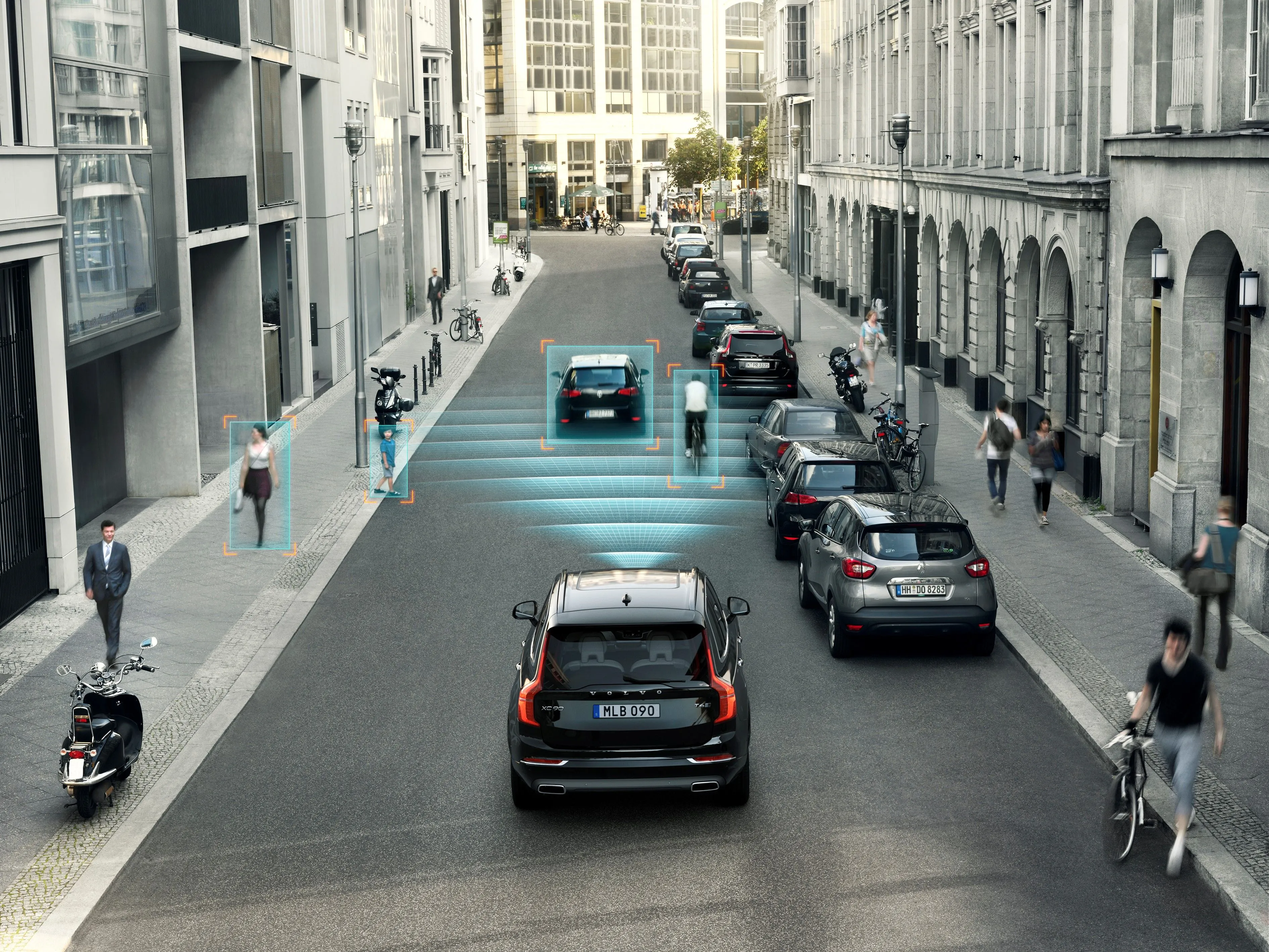 Minh họa Volvo XC90 với tính năng City Safety, bao gồm Phanh Khẩn Cấp Tự Động