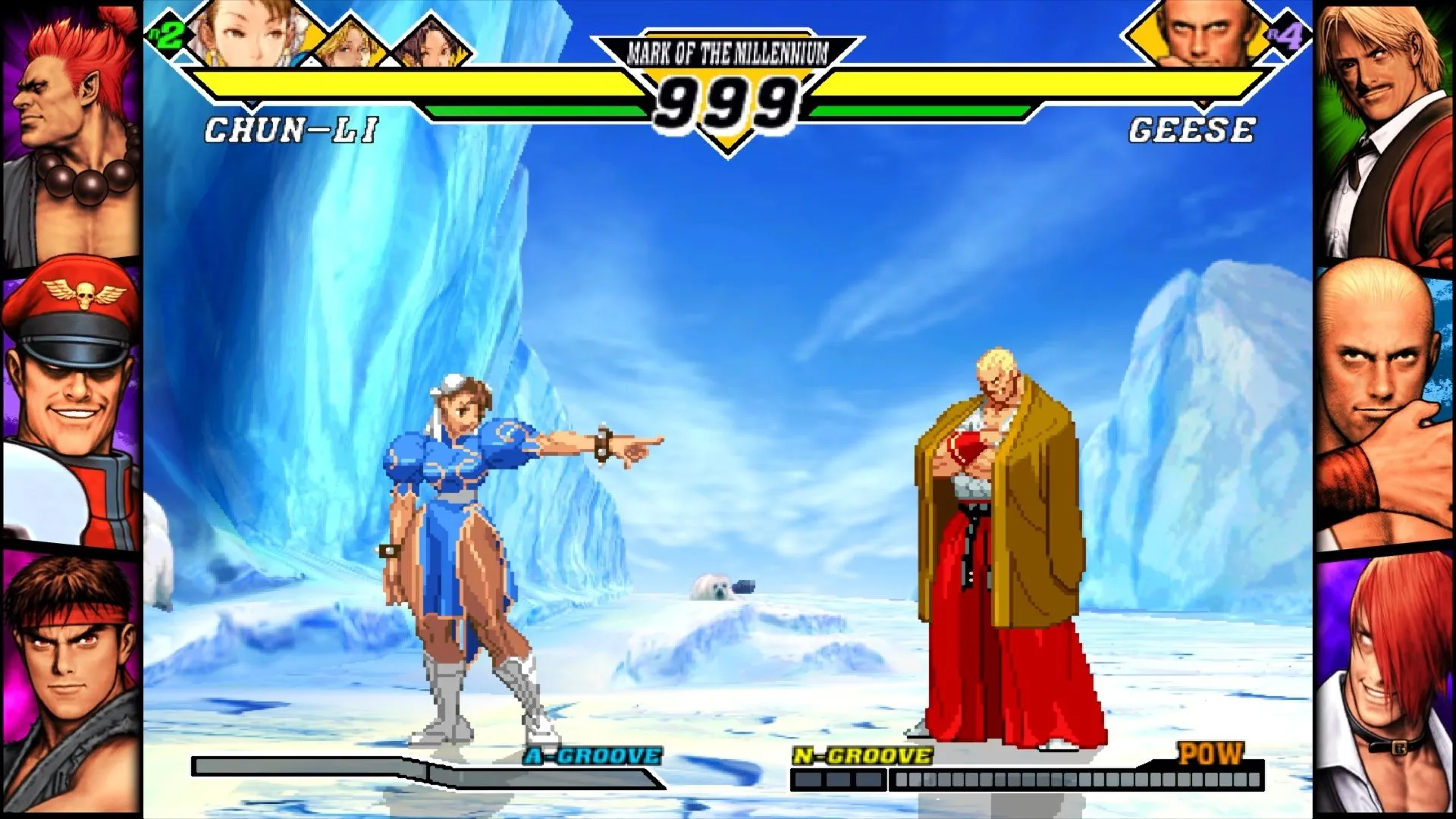 Một ảnh chụp màn hình gameplay từ Capcom Fighting Collection 2, hiển thị cảnh chiến đấu trực tuyến giữa hai nhân vật.