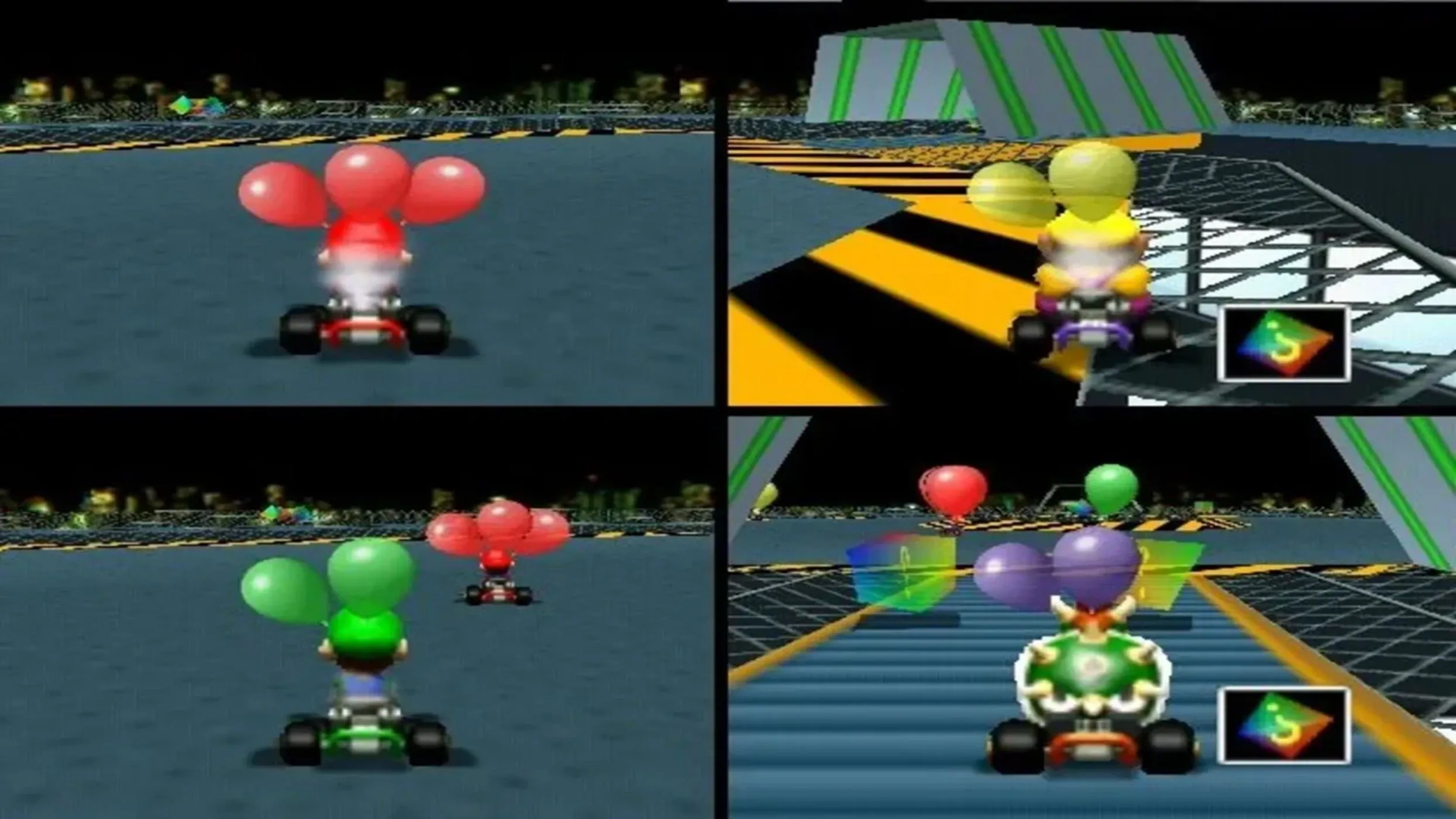 Một ảnh chụp màn hình gameplay từ Mario Kart 64, thể hiện đường đua đầy màu sắc và các nhân vật biểu tượng