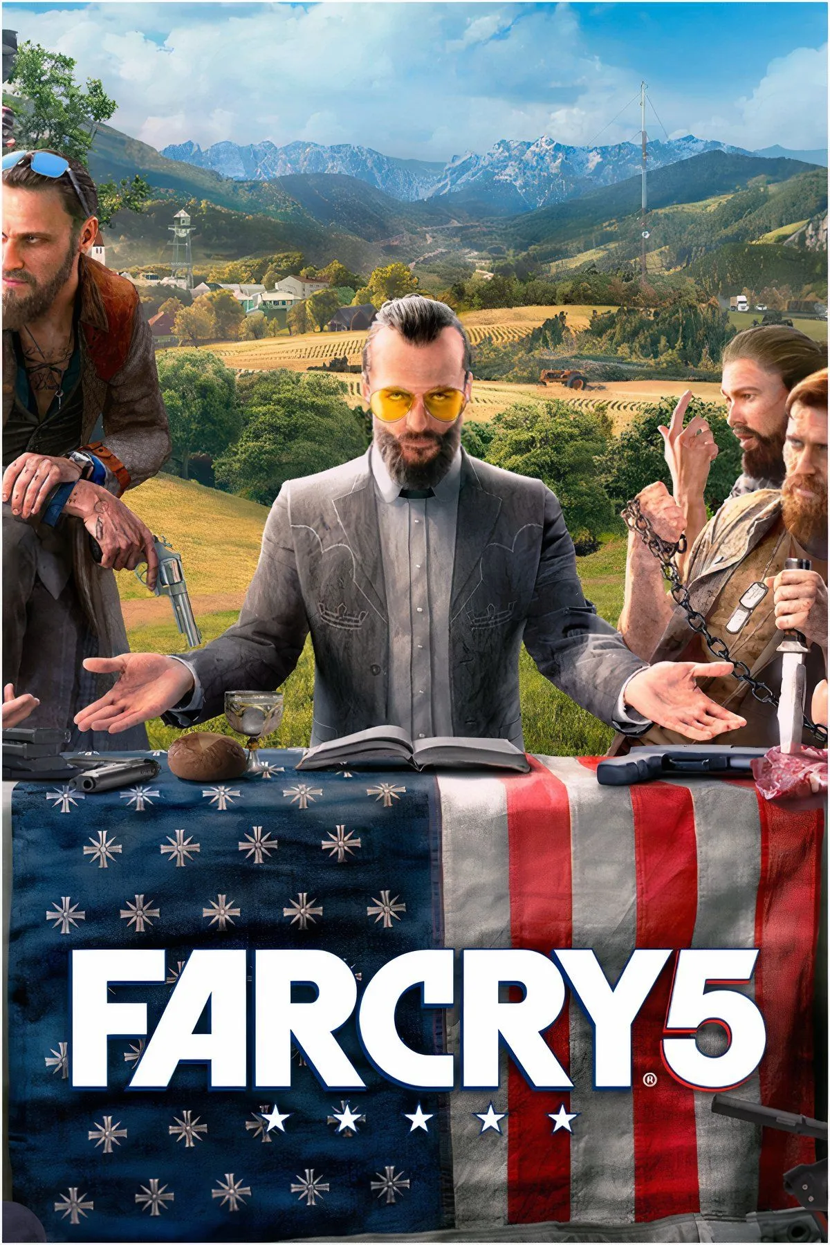 Một bức ảnh ghép Far Cry 5 hiển thị các nhân vật và khung cảnh game.
