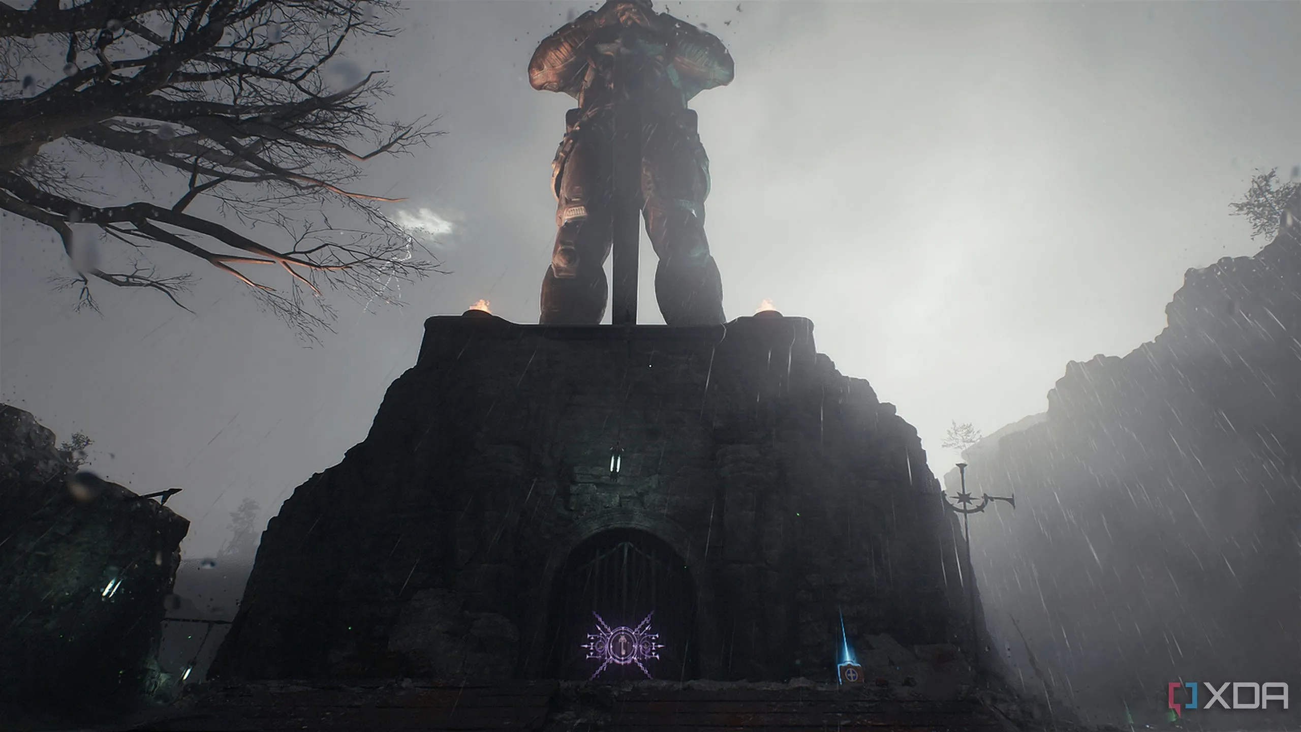Một bức tượng hiệp sĩ Sentinel khổng lồ trong Doom: The Dark Ages, có thể là điểm đánh dấu cho một khu vực bí mật hoặc mục tiêu quan trọng.