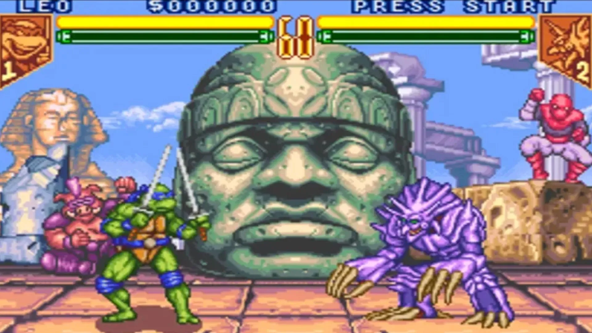 Một cảnh gameplay từ TMNT: Tournament Fighters trên SNES.