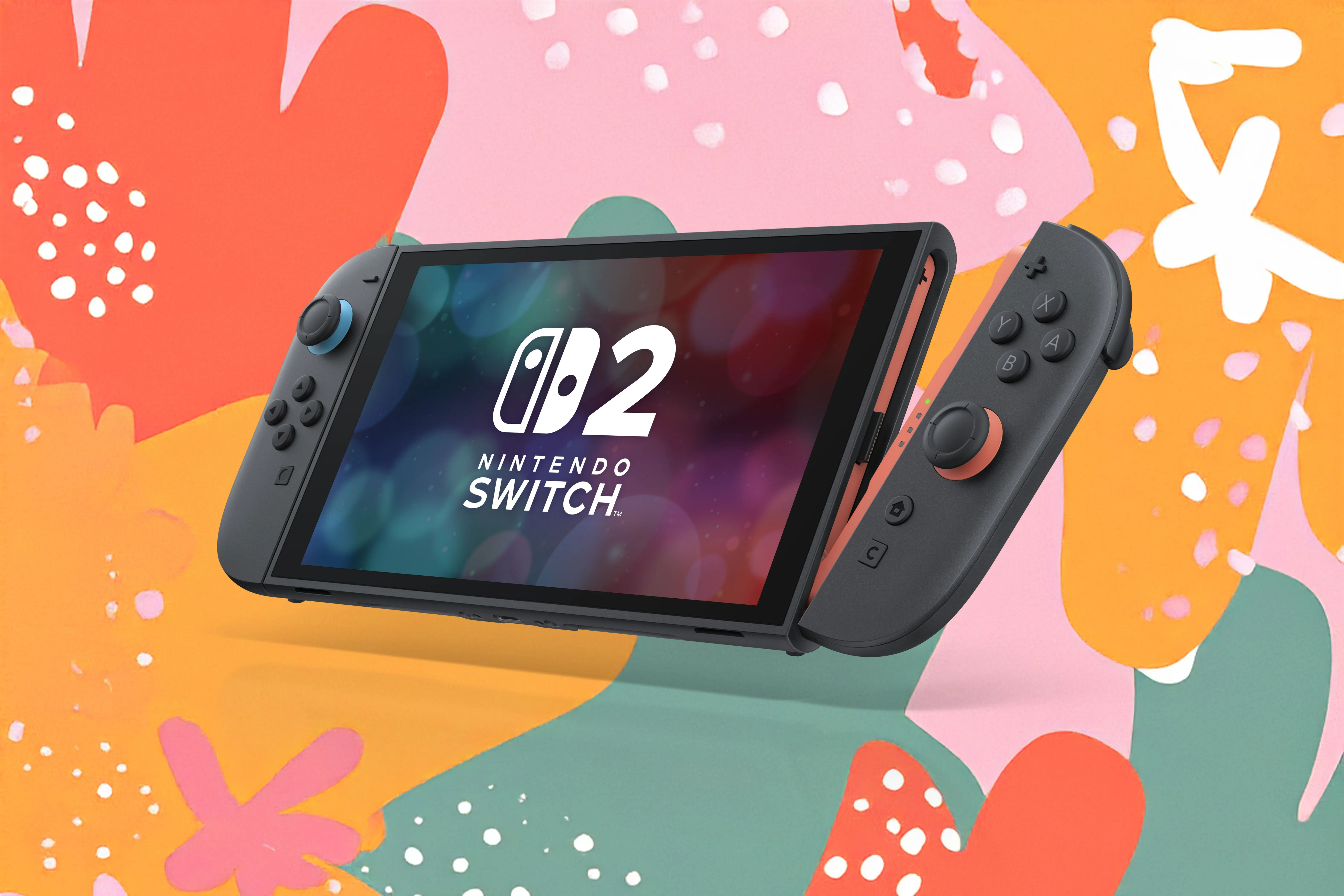 Một chiếc Nintendo Switch 2 với tay cầm Joy-Con 2 đang được tháo rời, thể hiện thiết kế mới