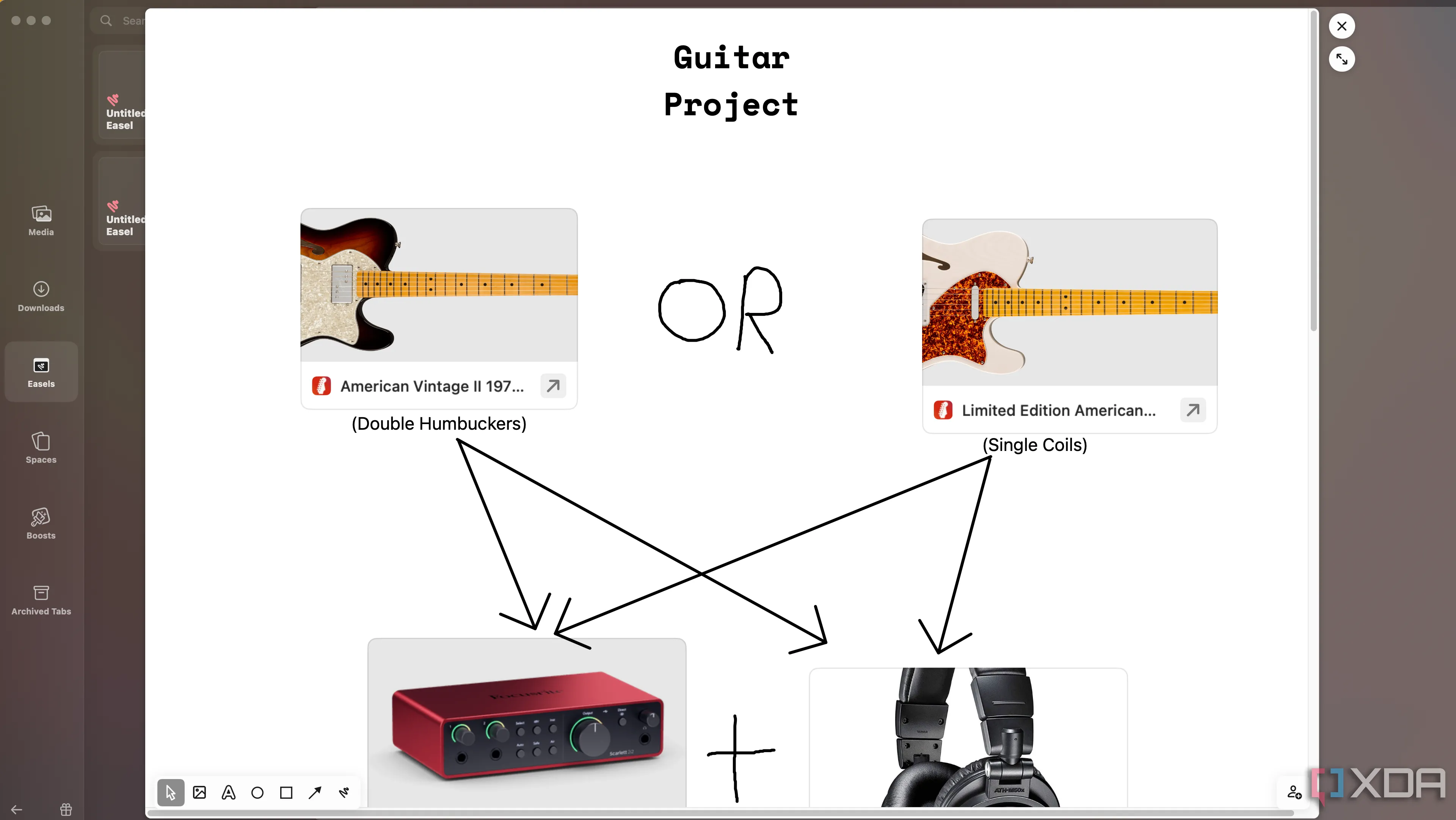 Một Easel đang mở trong Arc Browser, hiển thị bảng ý tưởng với hình ảnh đàn guitar, cho thấy khả năng ghi chú và lưu trữ trực quan.