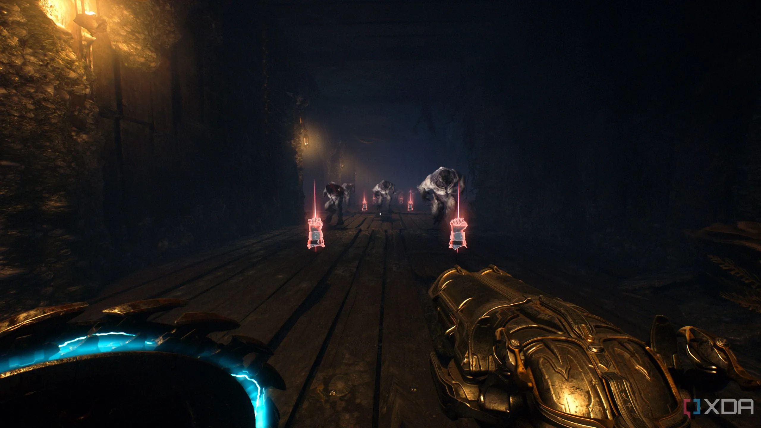 Một hành lang đầy Hellknights và vật phẩm hồi Melee Charge trong Chương 17 Doom: The Dark Ages