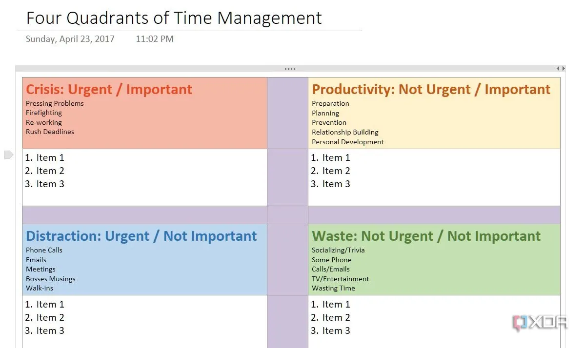 Một mẫu quản lý thời gian khác trong OneNote, cho thấy sự thiếu hiện đại trong thiết kế và hạn chế chức năng