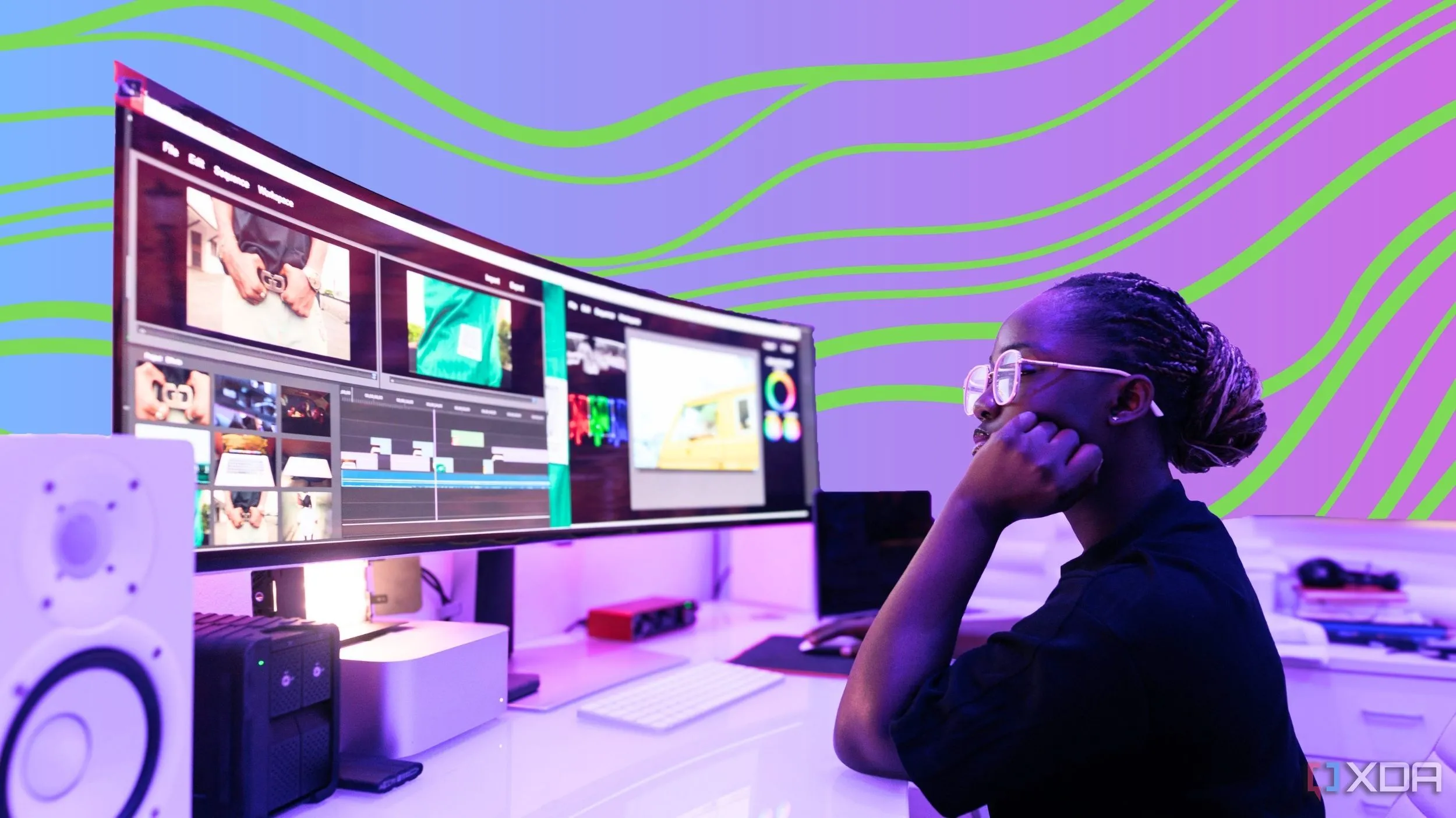 Một người đang làm việc trên laptop với màn hình hiển thị phần mềm chỉnh sửa video với nhiều icon phần mềm thay thế khác nhau