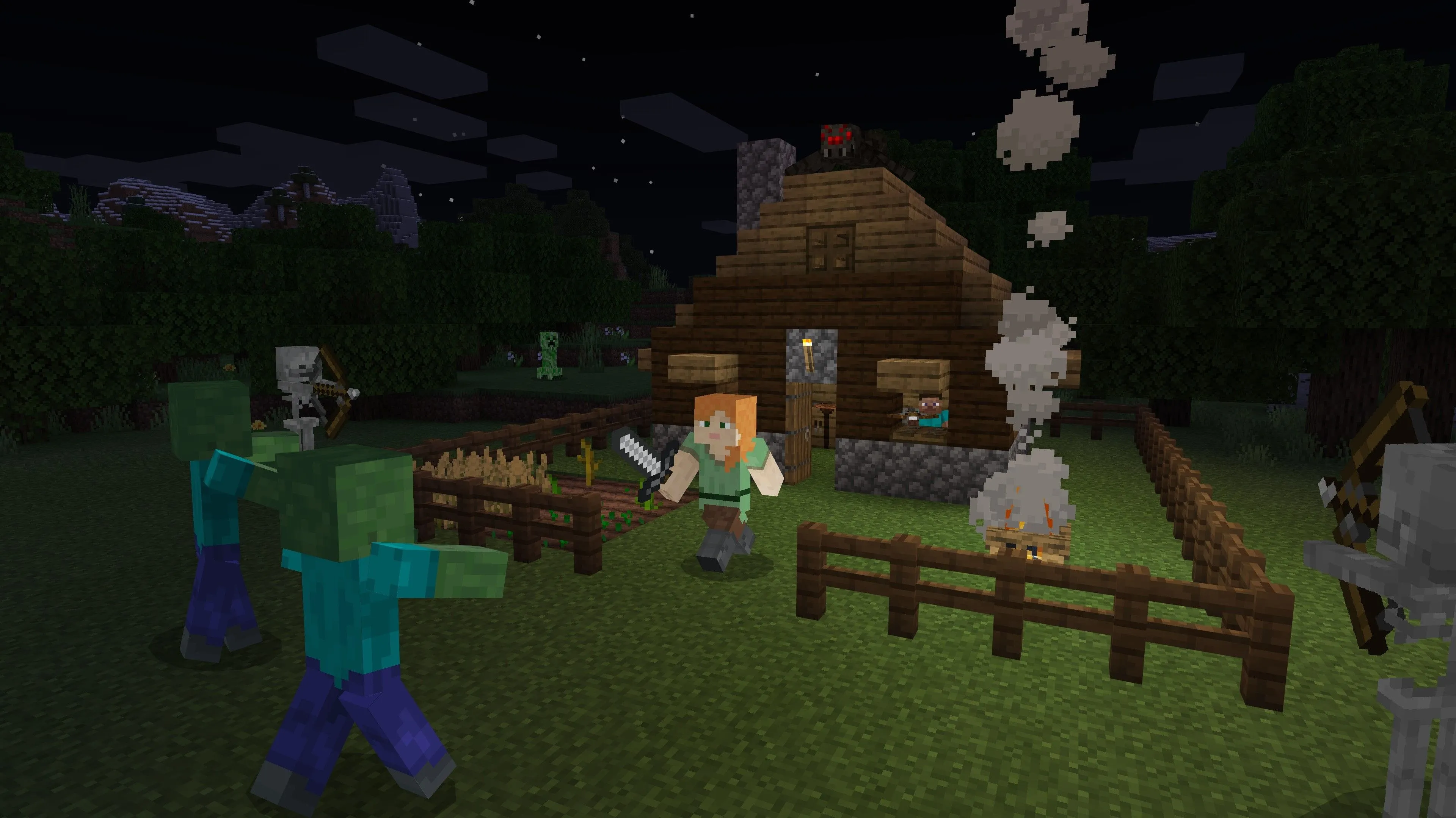 Một nhân vật chiến đấu với quái vật trong Minecraft