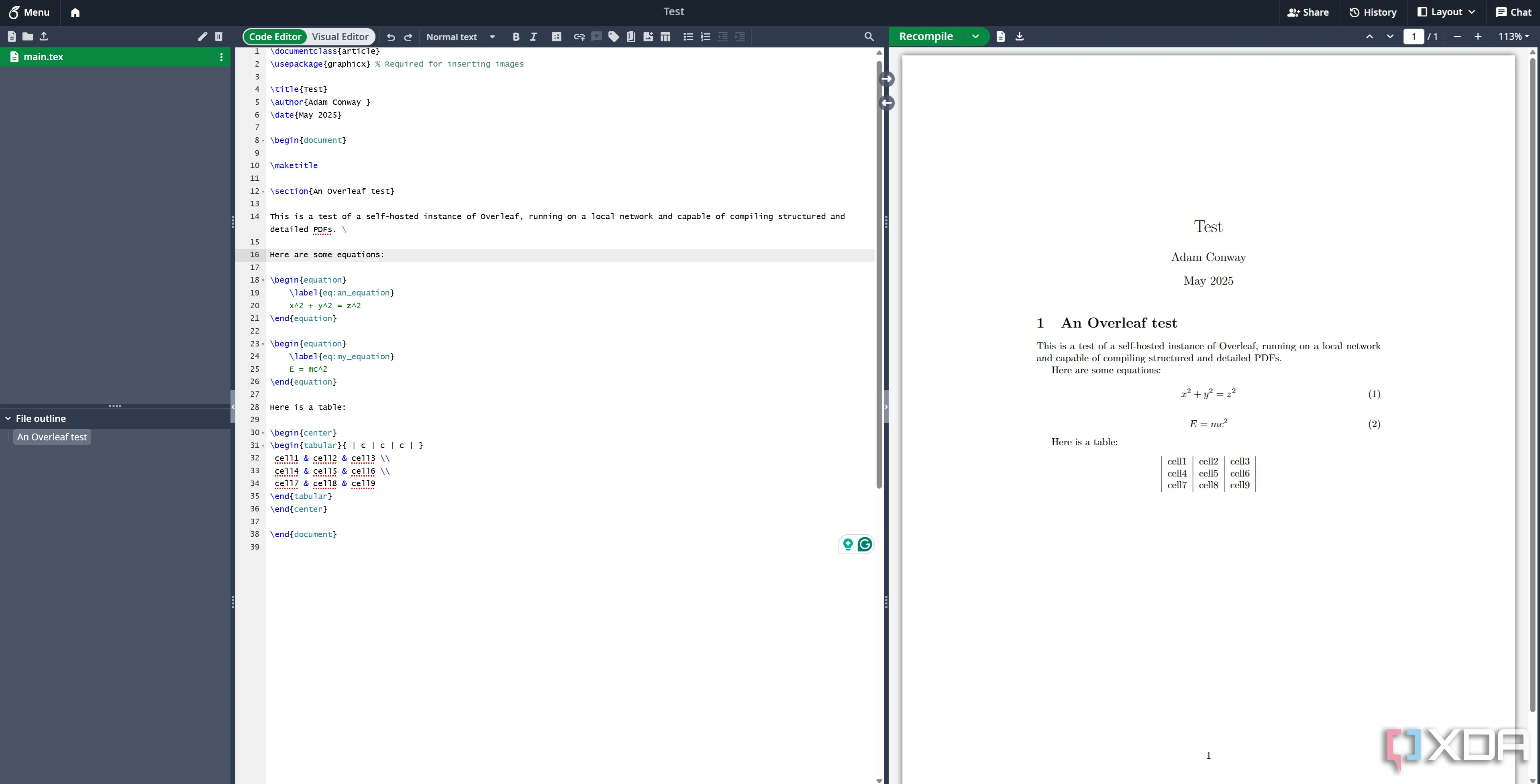Một tài liệu thử nghiệm đang được chỉnh sửa và xem trước trong giao diện Overleaf tự host