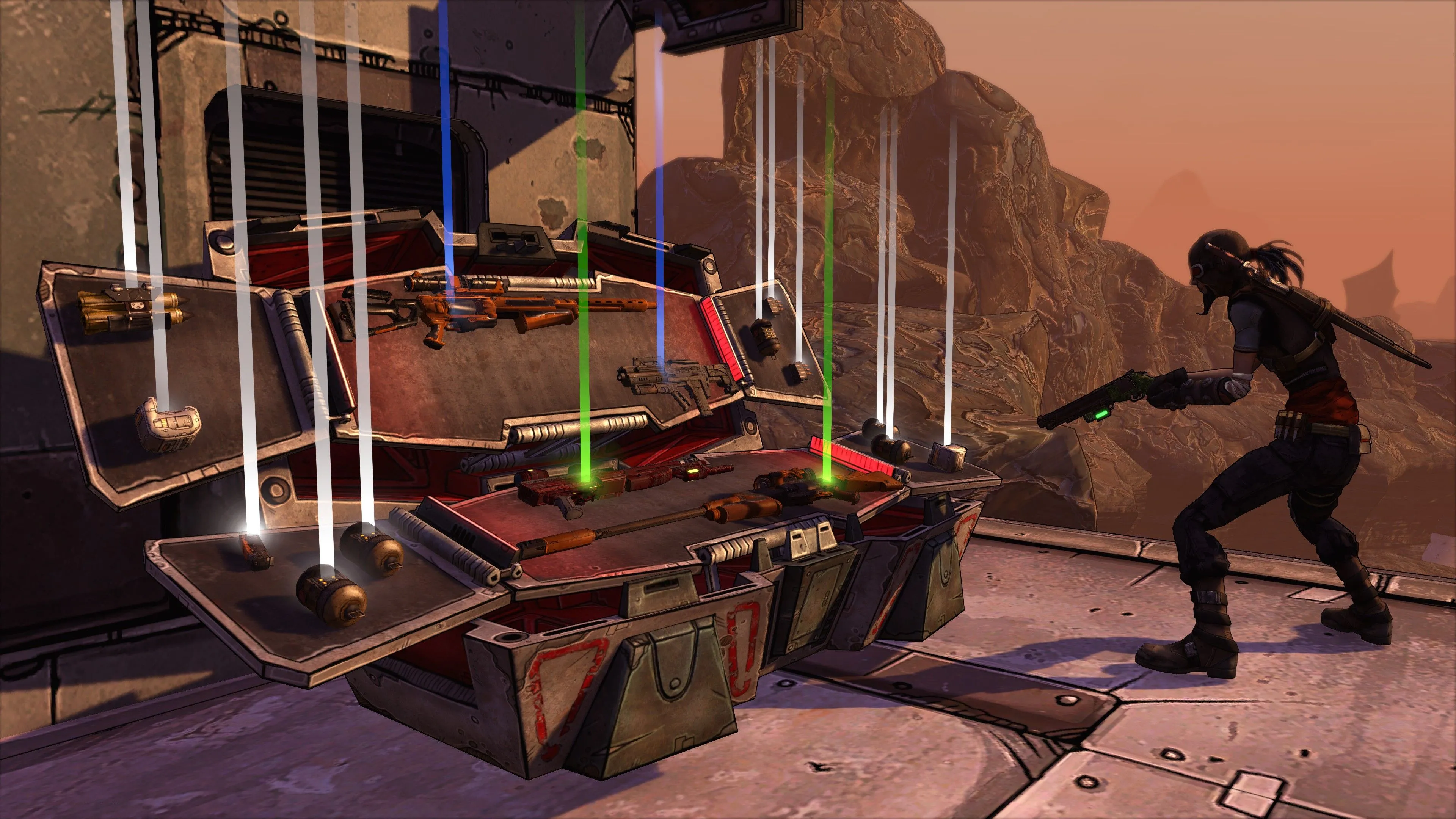 Một thùng vũ khí mở ra với nhiều loại súng trong game Borderlands