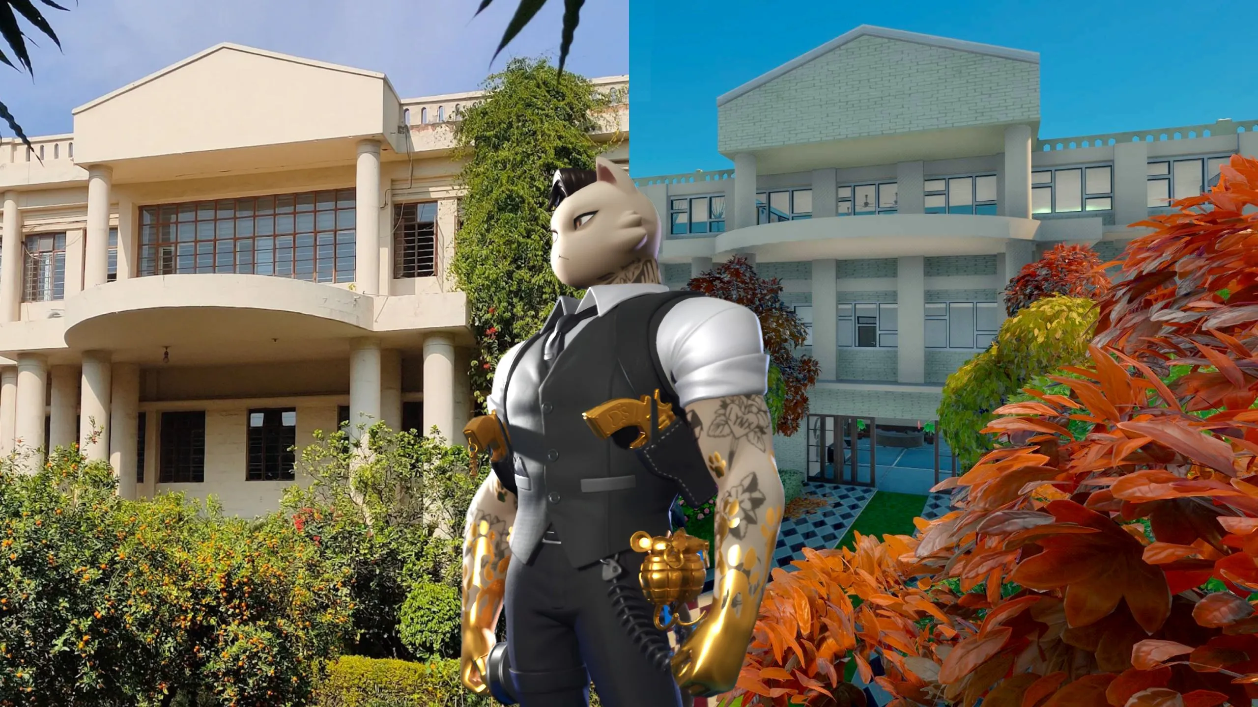 Một trường trung học được tái tạo một cách chi tiết trong Fortnite, sử dụng Unreal Editor