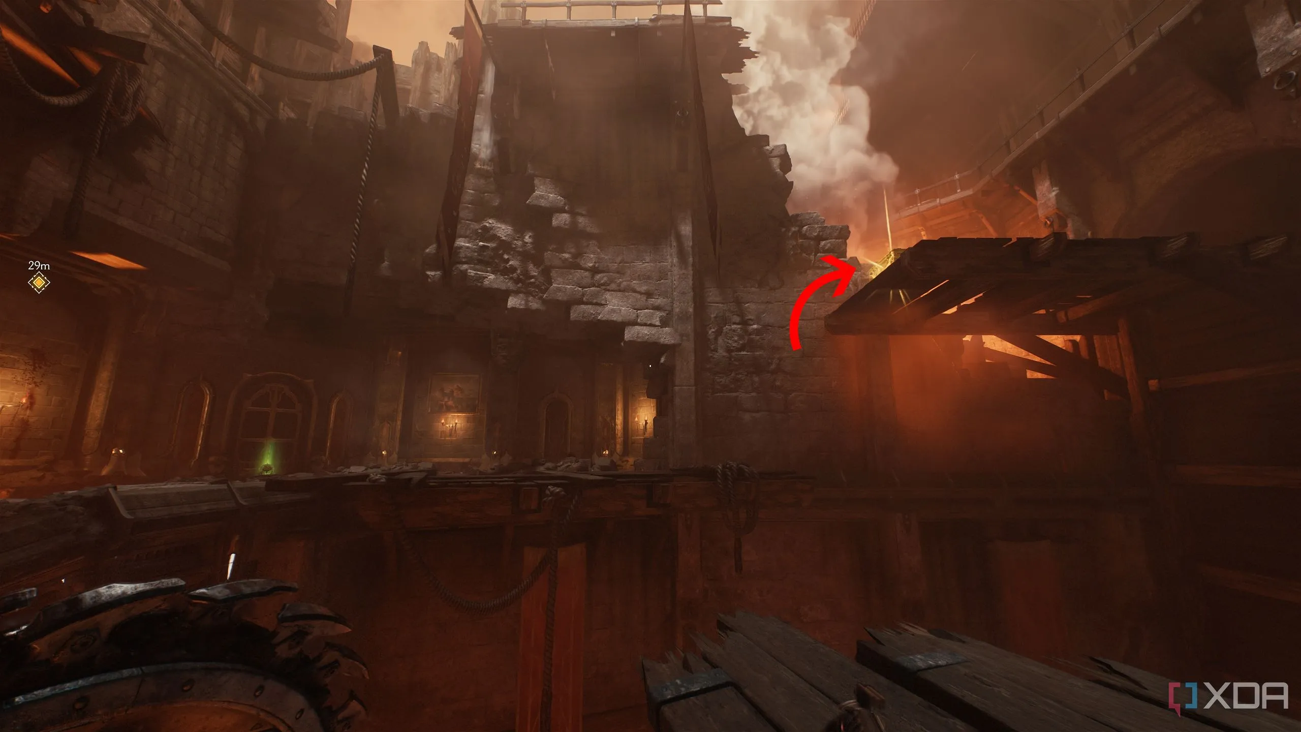 Mũi tên chỉ một thùng vàng ở phía trên trong Doom The Dark Ages Chapter 7