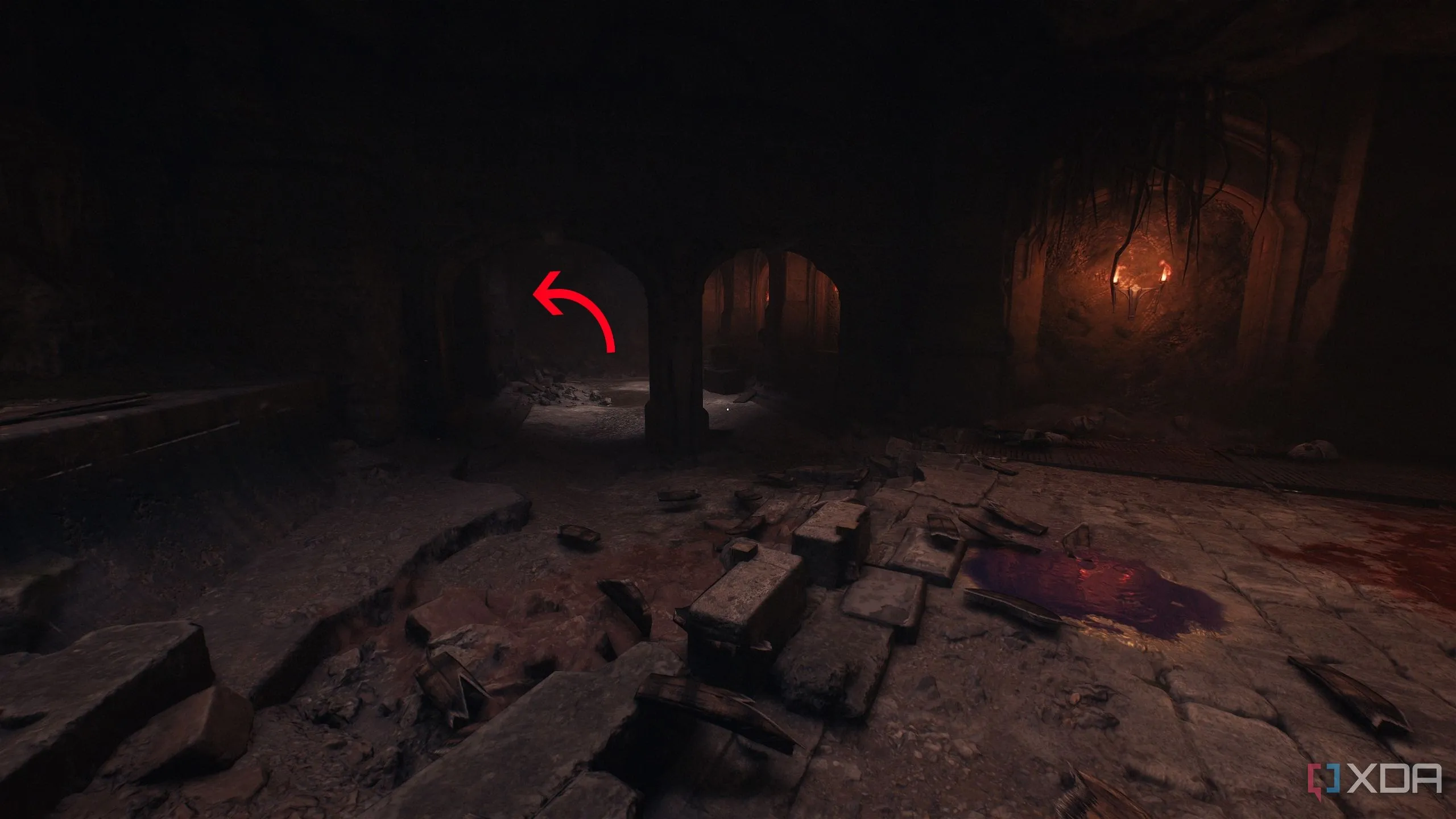 Mũi tên chỉ vào một khu vực ẩn trong Doom The Dark Ages