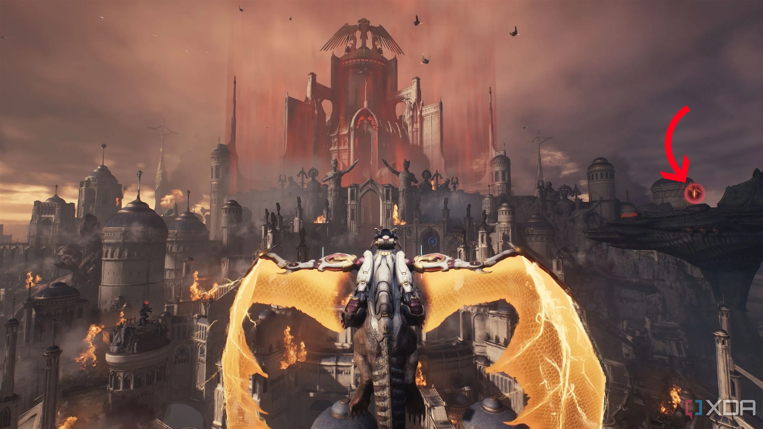 Mũi tên chỉ vào tàu Hell Carrier trong Doom The Dark Ages