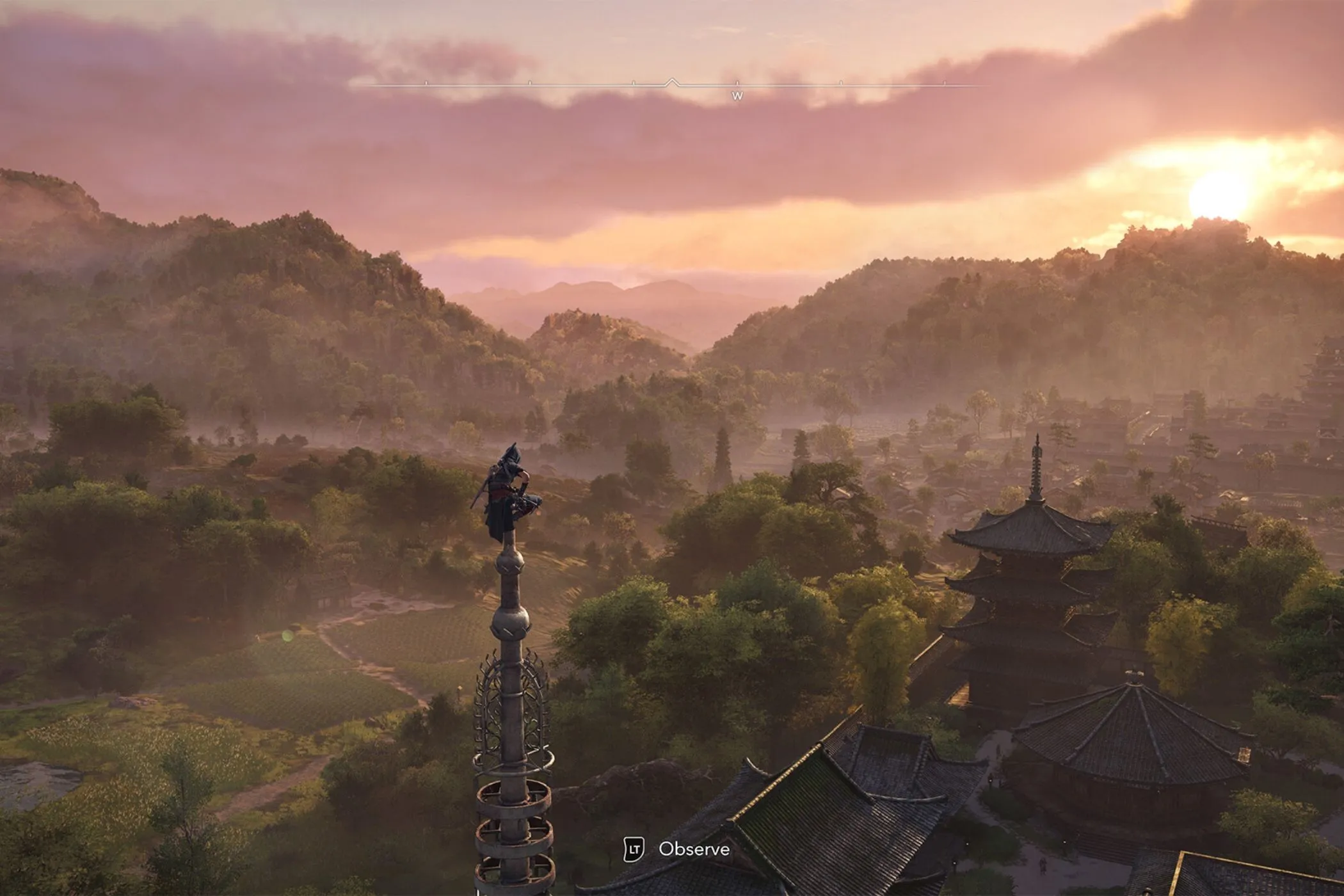 Naoe quan sát tuyến đường tuần tra của kẻ địch từ điểm cao, lên kế hoạch ám sát trong Assassin's Creed Shadows