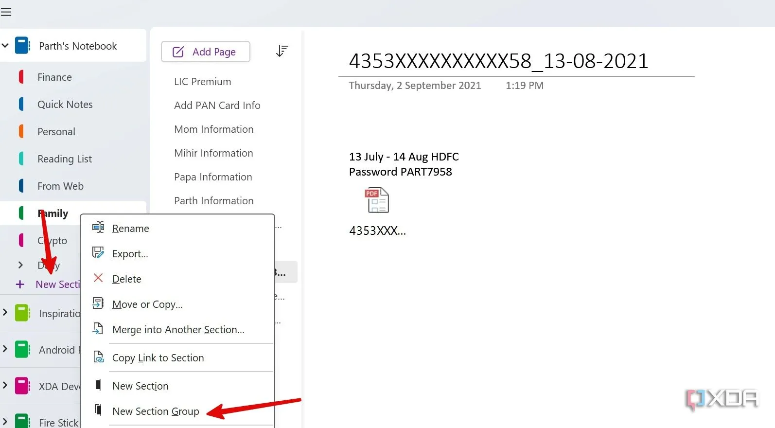 new sections in OneNote