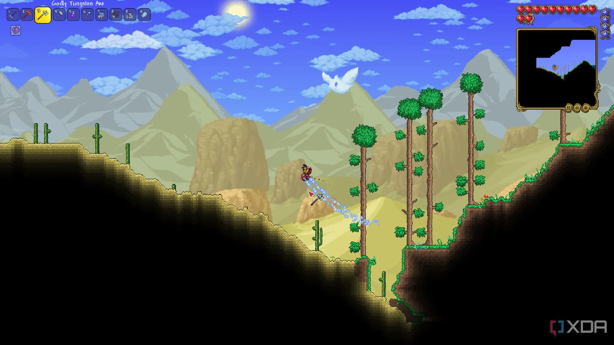 Người chơi đang khám phá khu vực sa mạc trong Terraria
