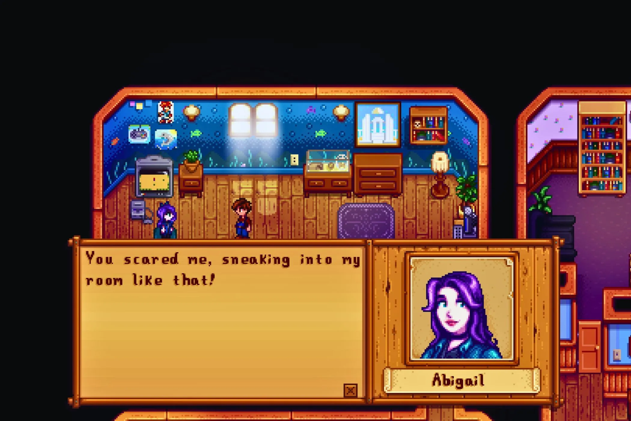 Người chơi Stardew Valley trò chuyện với Abigail trong nhà cô ấy