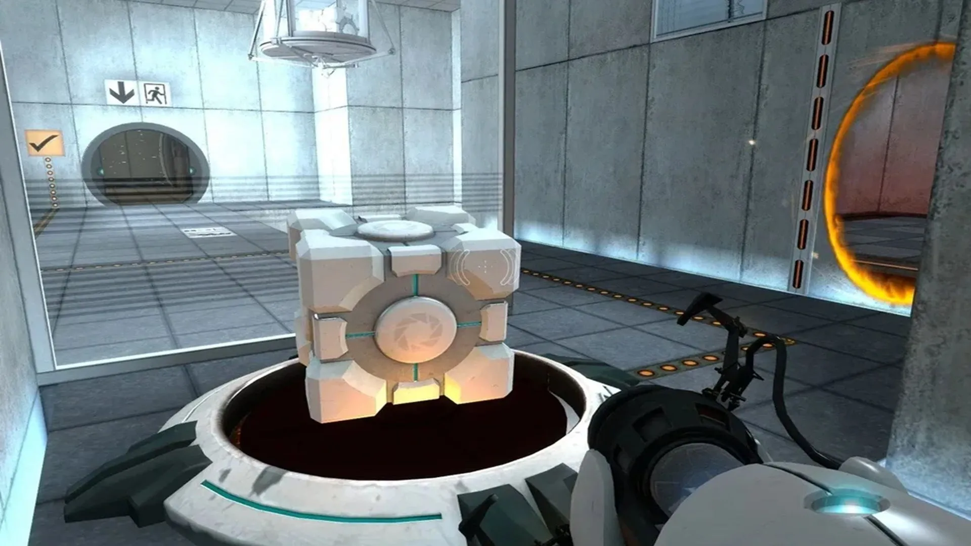 Người chơi tạo cổng dịch chuyển bằng Portal Gun trong game Portal