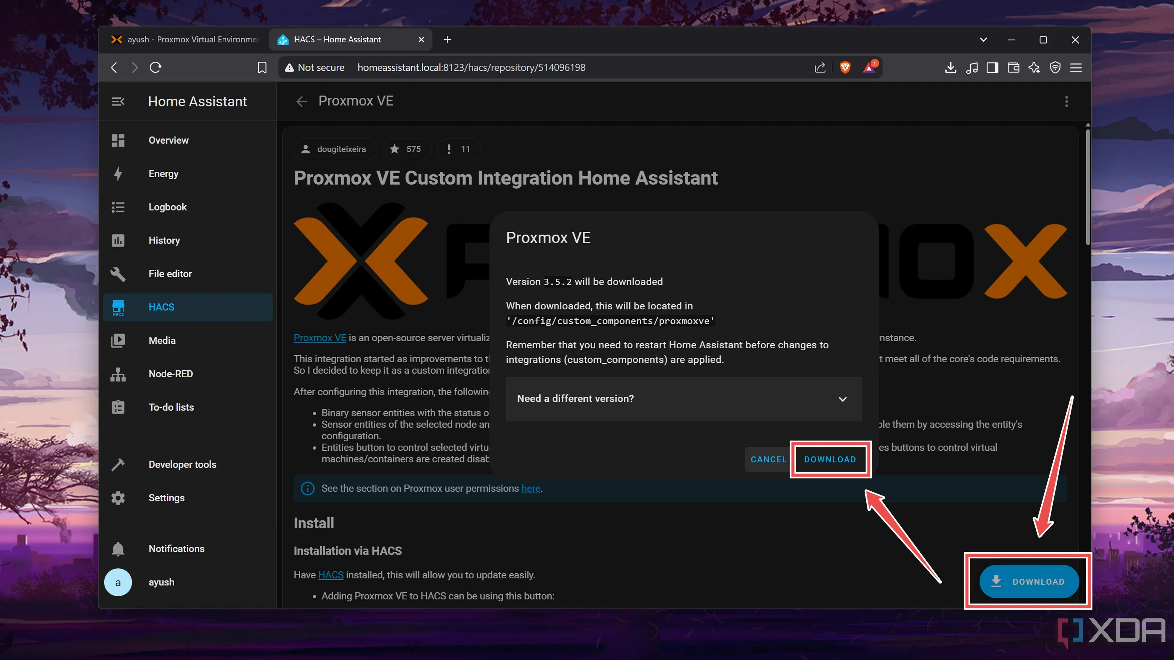 Nhấn nút Download để tải xuống tích hợp Proxmox VE trong Home Assistant Community Store.