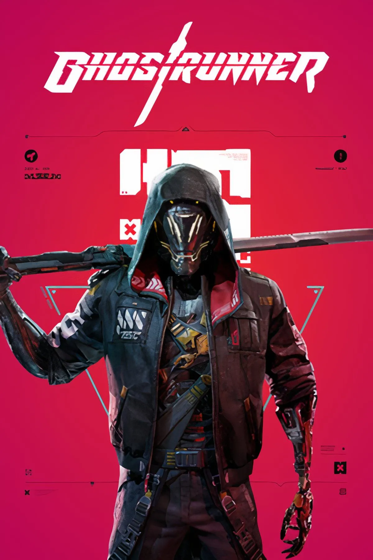 Nhân vật chính của Ghostrunner, một chiến binh cyborg, đang chạy trên tường trong một khung cảnh thành phố cyberpunk với ánh sáng neon