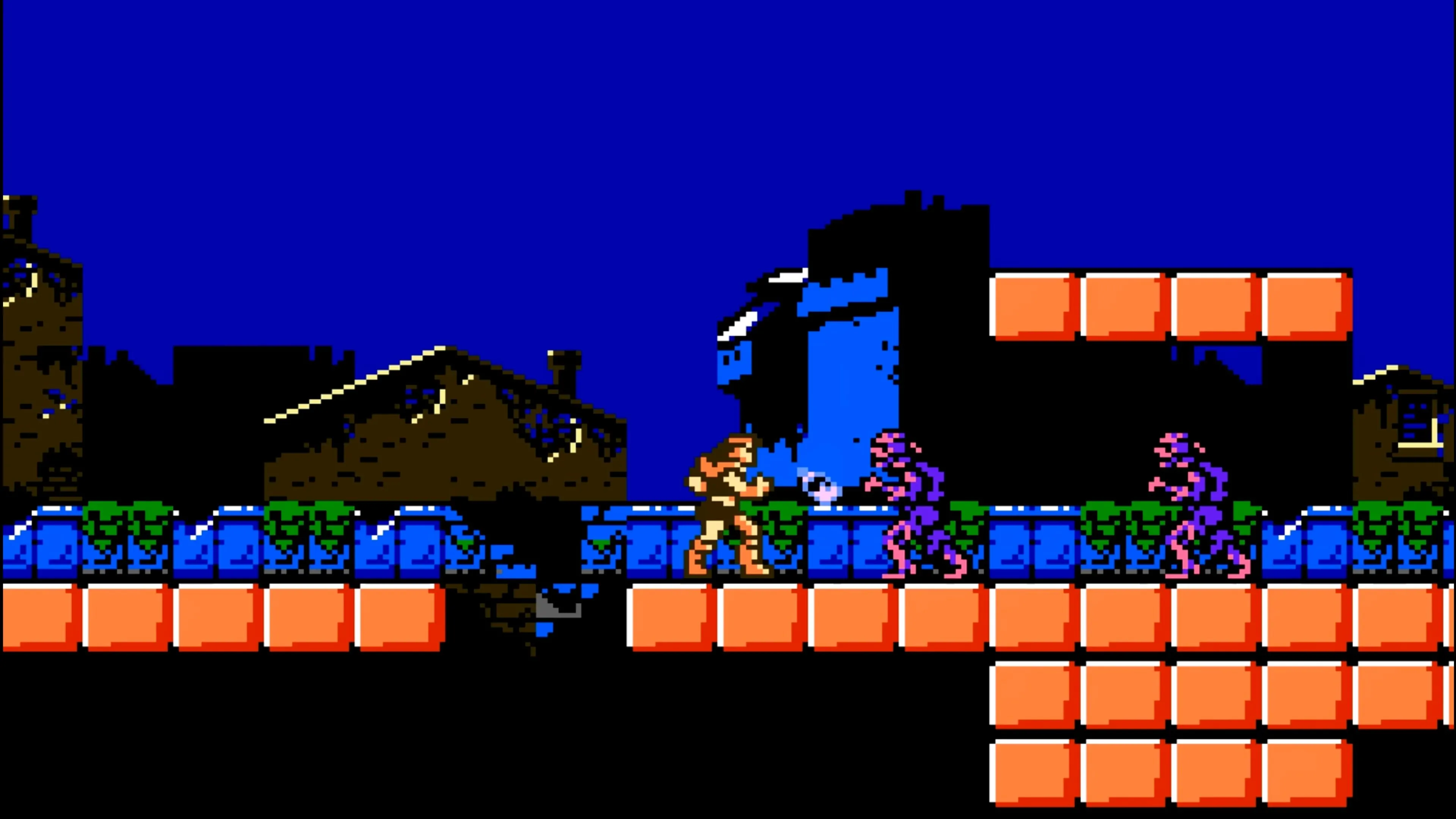 Nhân vật chính Trevor Belmont chiến đấu với kẻ thù trong một màn chơi của Castlevania III: Dracula's Curse trên NES, thể hiện đồ họa pixel cổ điển.