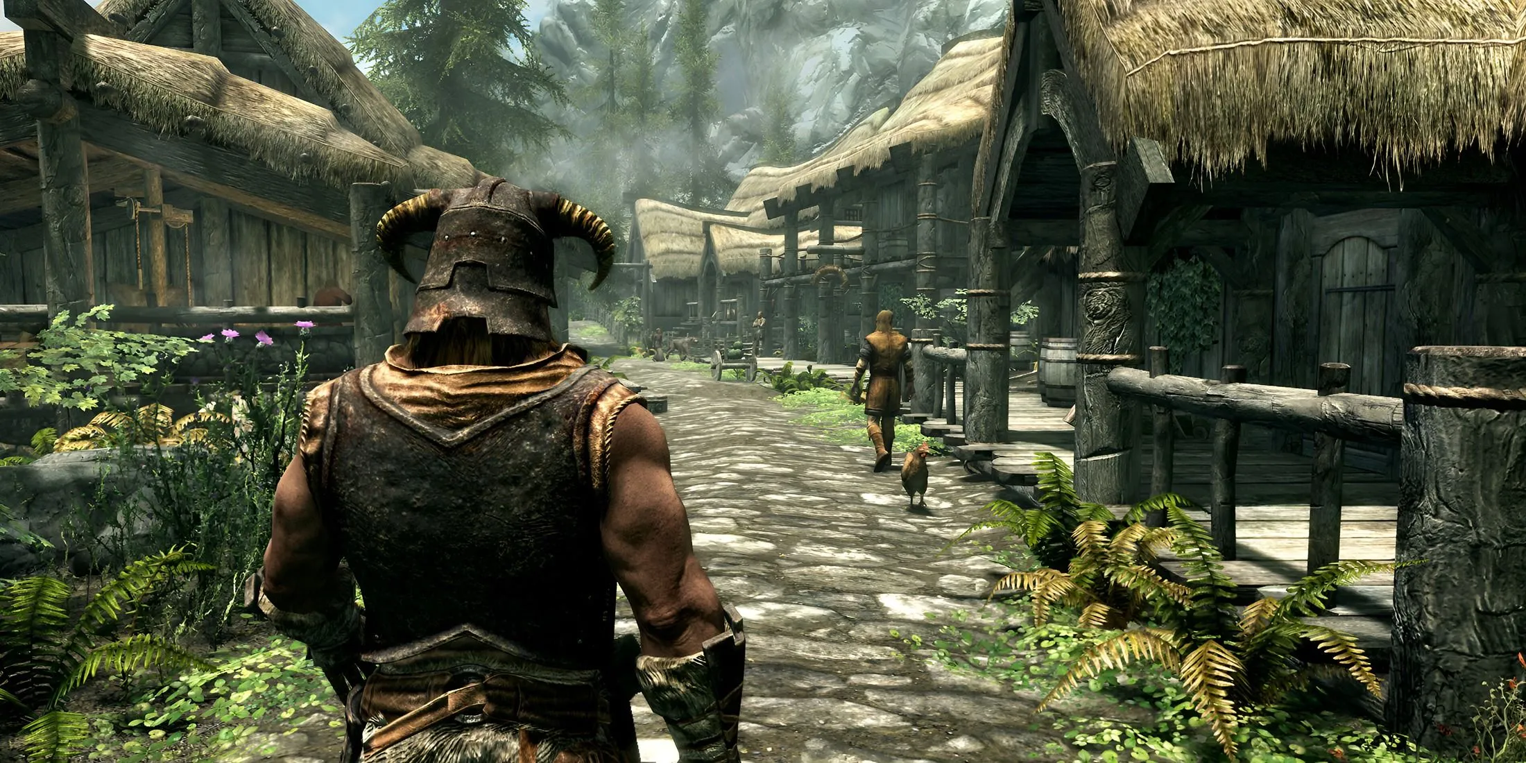 Nhân vật Dragonborn trong Skyrim đi bộ qua một ngôi làng, minh họa không khí của các bản mod nhiệm vụ mới