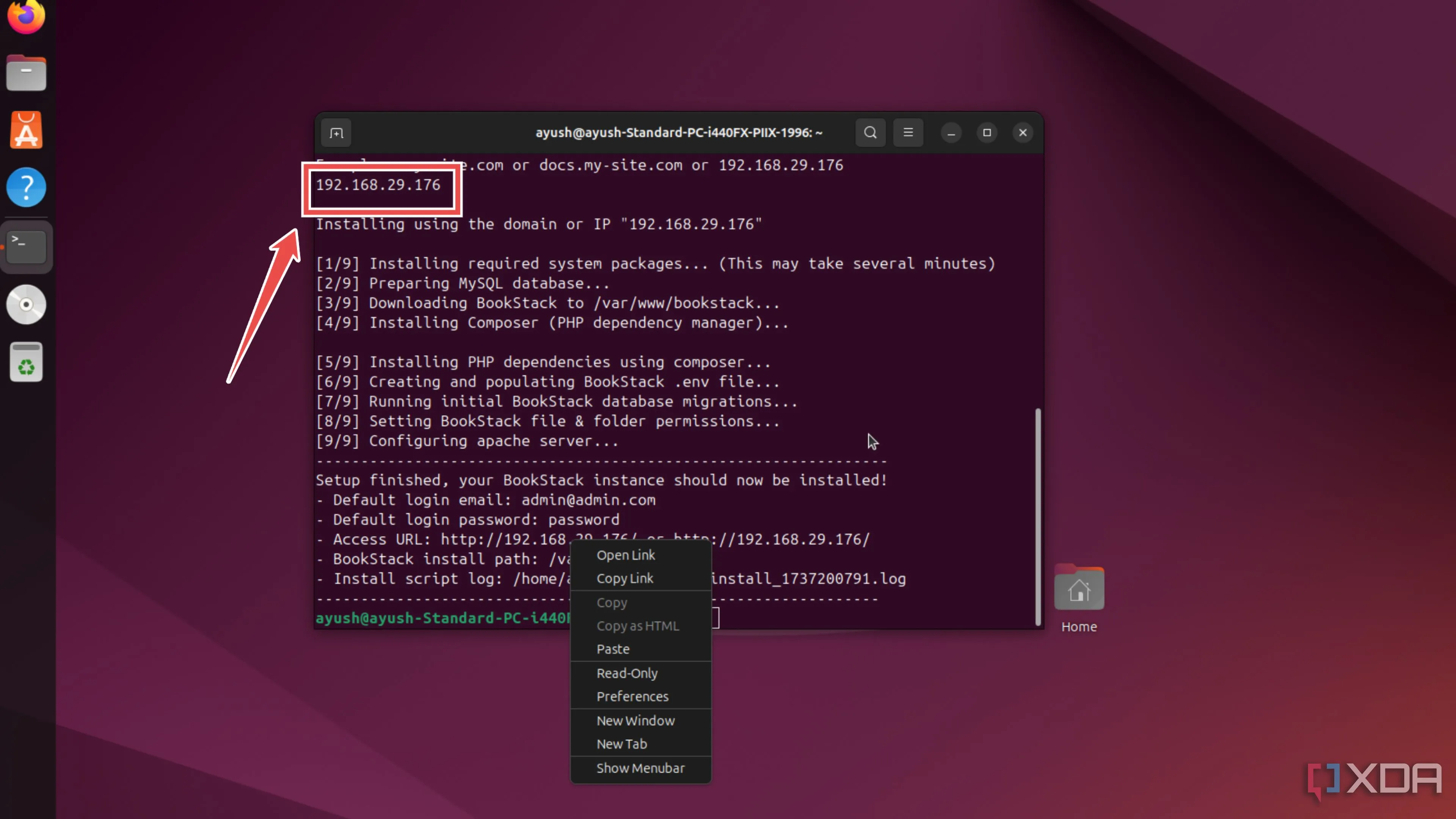 Nhập địa chỉ IP hoặc tên miền cho máy chủ BookStack trong quá trình cài đặt Ubuntu