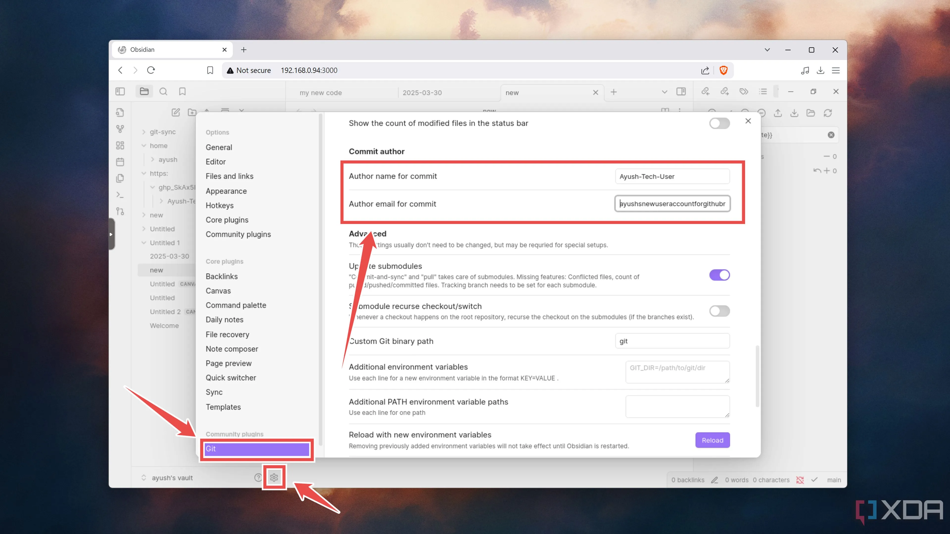 Nhập tên người dùng và email GitHub vào cài đặt Git của Obsidian
