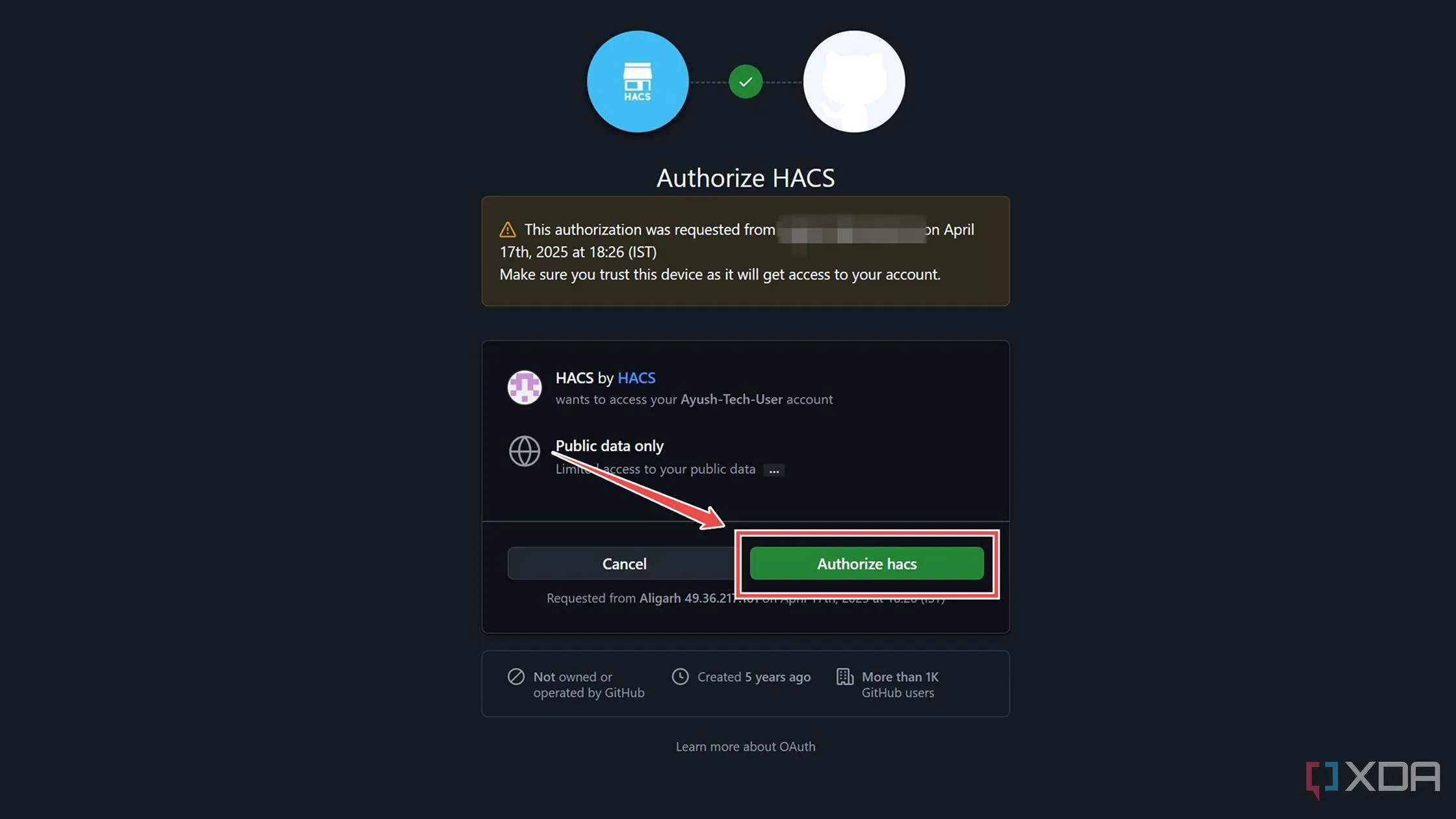 Nhập thông tin tài khoản GitHub để ủy quyền HACS truy cập.