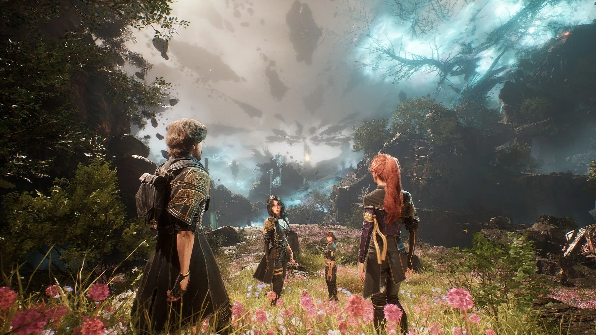 Nhóm nhân vật chính trong game RPG Clair Obscur Expedition 33 đang khám phá một khu rừng bí ẩn