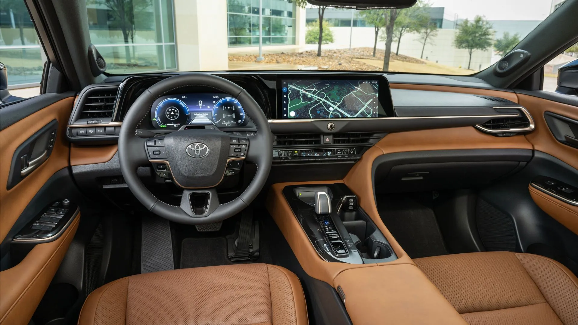 Nội thất bảng điều khiển Toyota Crown Signia Limited 2025, hiển thị vô lăng và màn hình giải trí 12.3 inch tích hợp công nghệ hiện đại.