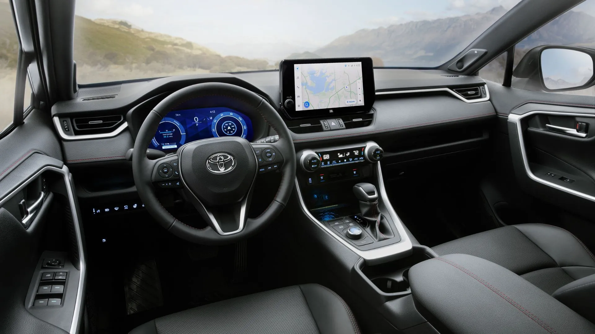 Nội thất cao cấp của Toyota RAV4 Prime XSE 2024 với ghế da, vô lăng thể thao và màn hình thông tin giải trí hiện đại, nhấn mạnh giá trị và sự tiện nghi
