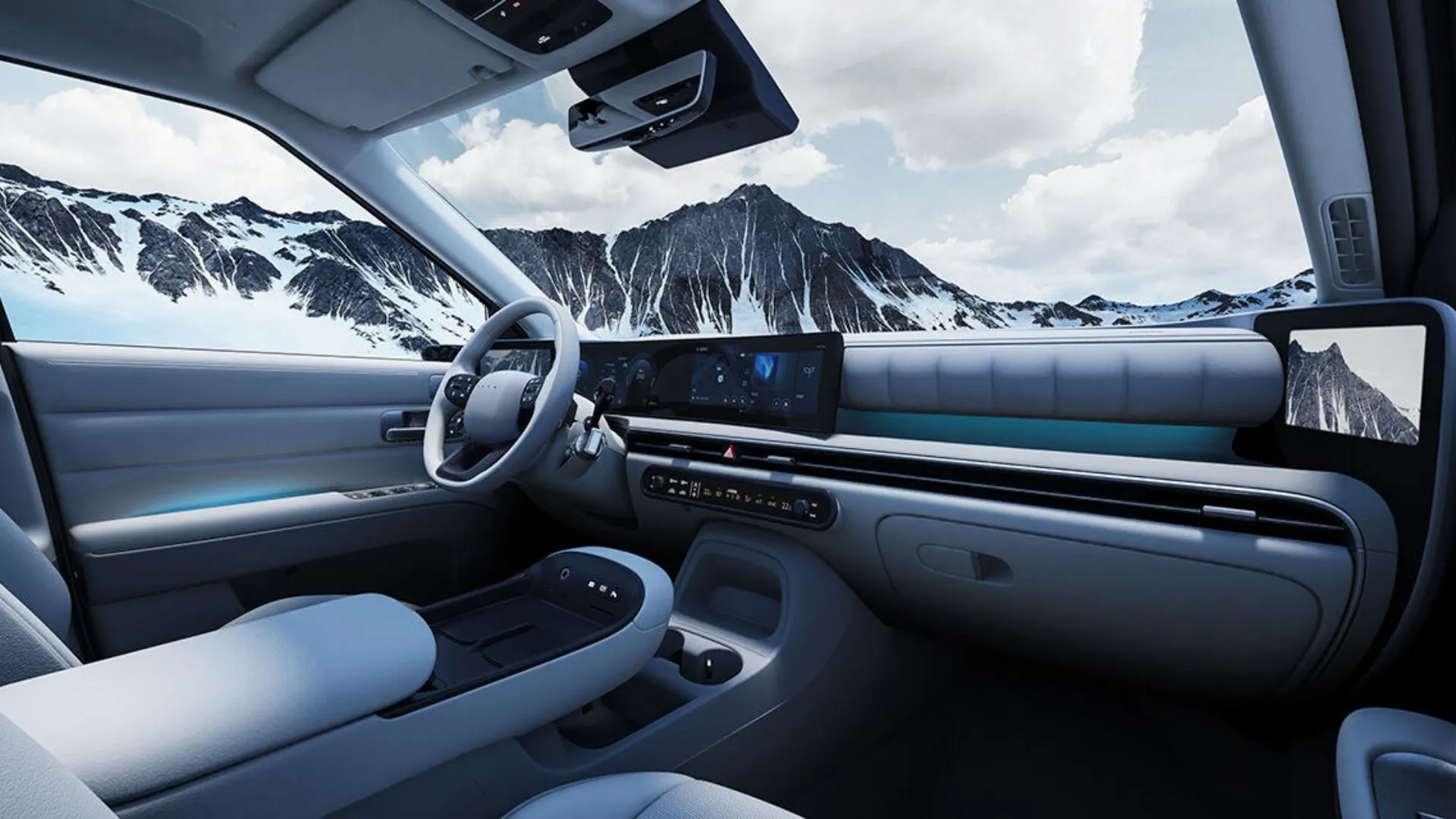 Nội thất cao cấp và công nghệ của Hyundai NEXO 2025, với màn hình cong và không gian tiện nghi.