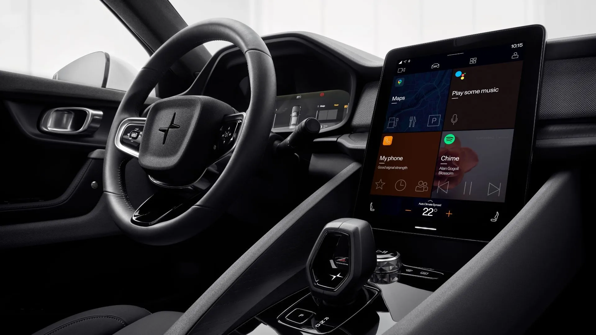 Nội thất Polestar 2 2023 với vô lăng, màn hình trung tâm và cần số tối giản