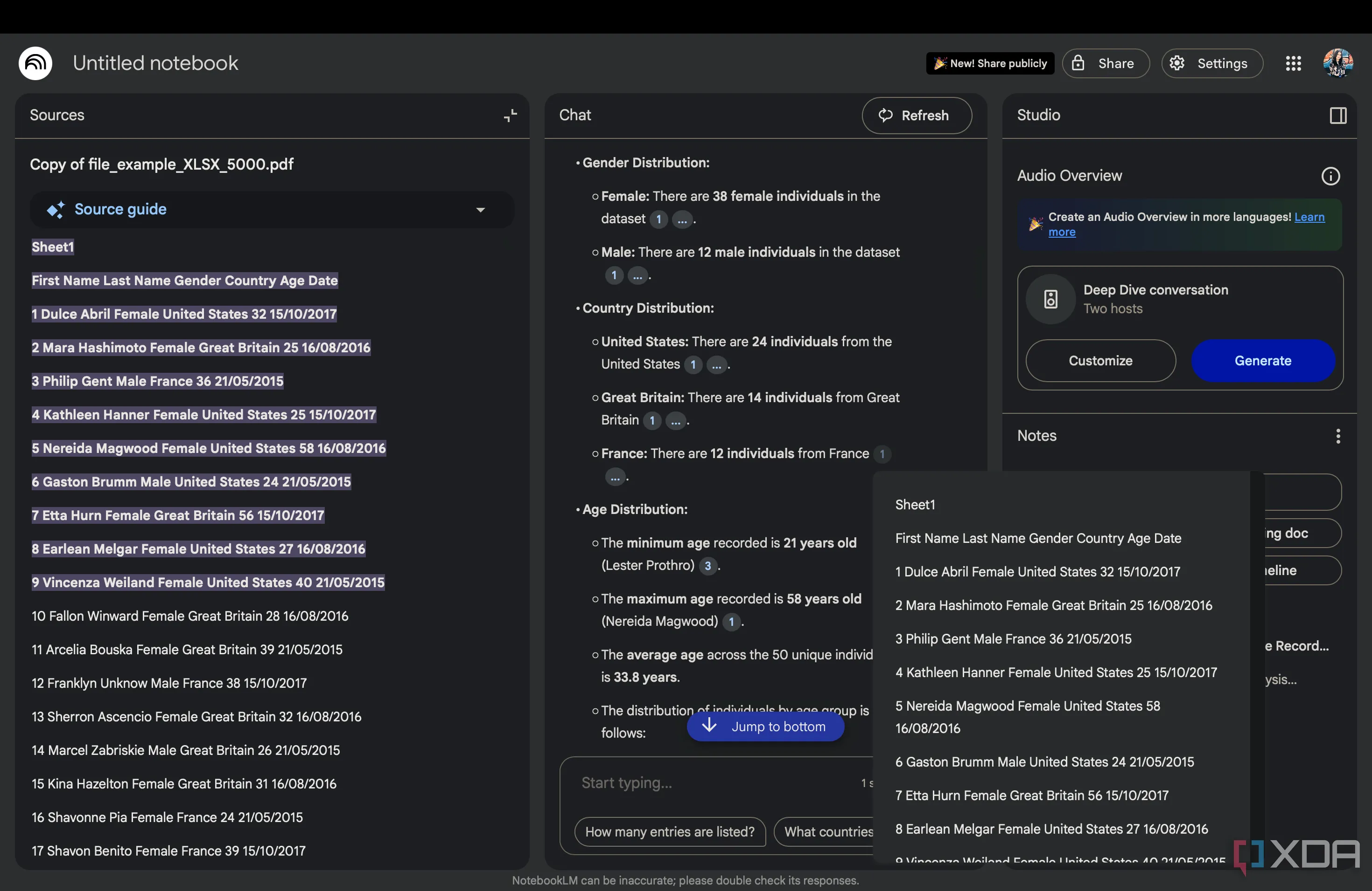 NotebookLM displaying citations