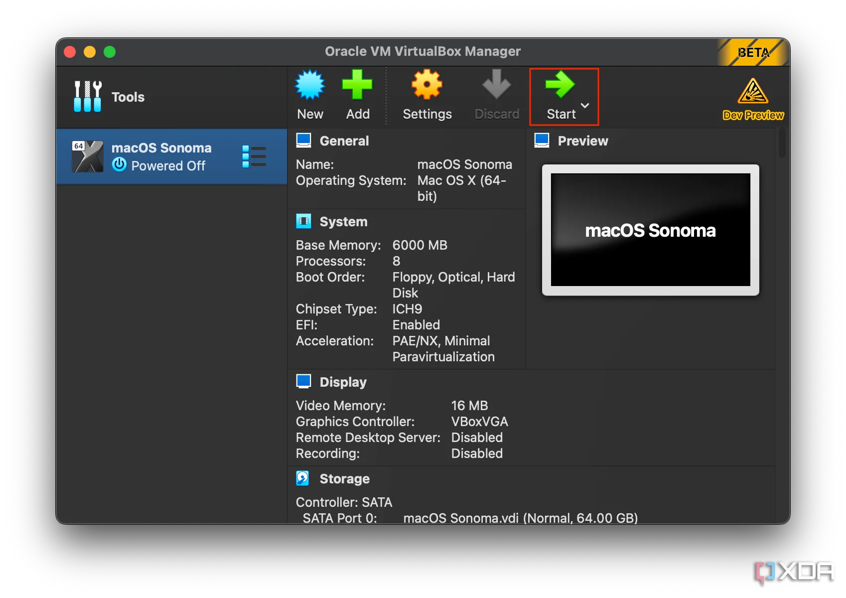 Nút khởi động máy ảo macOS trong VirtualBox trên hệ điều hành Windows