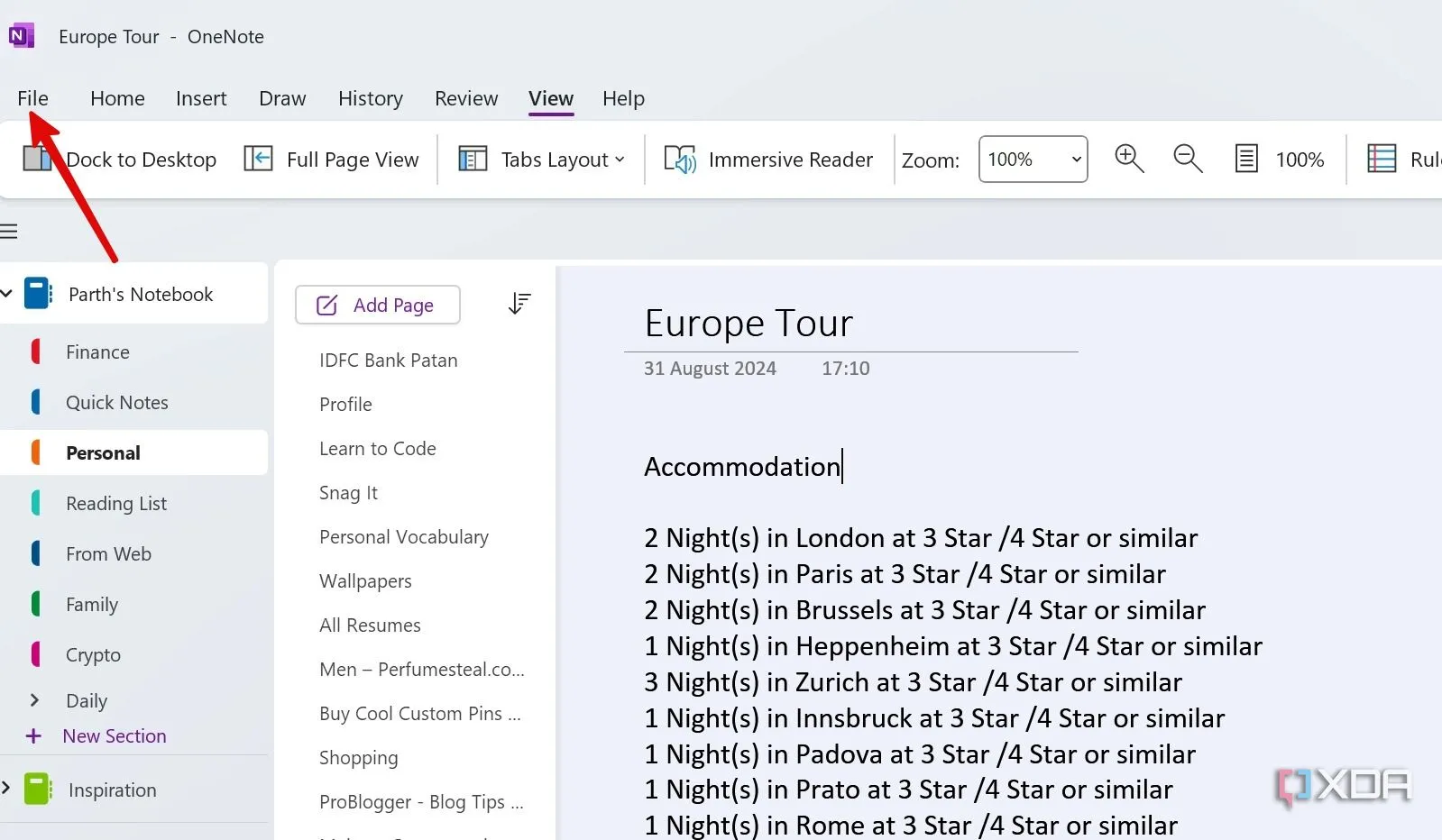 Open File menu in OneNote