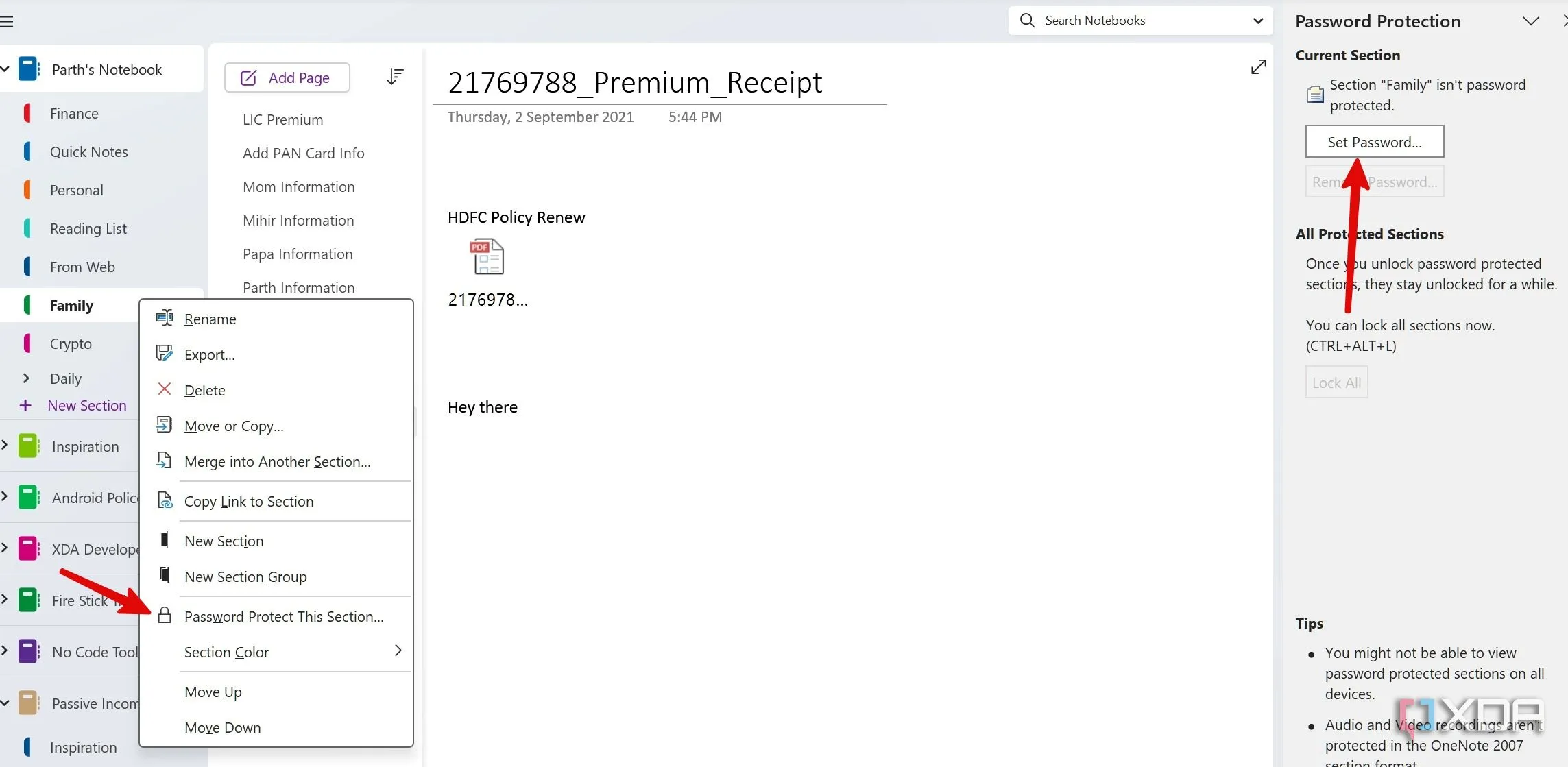 password protect OneNote section