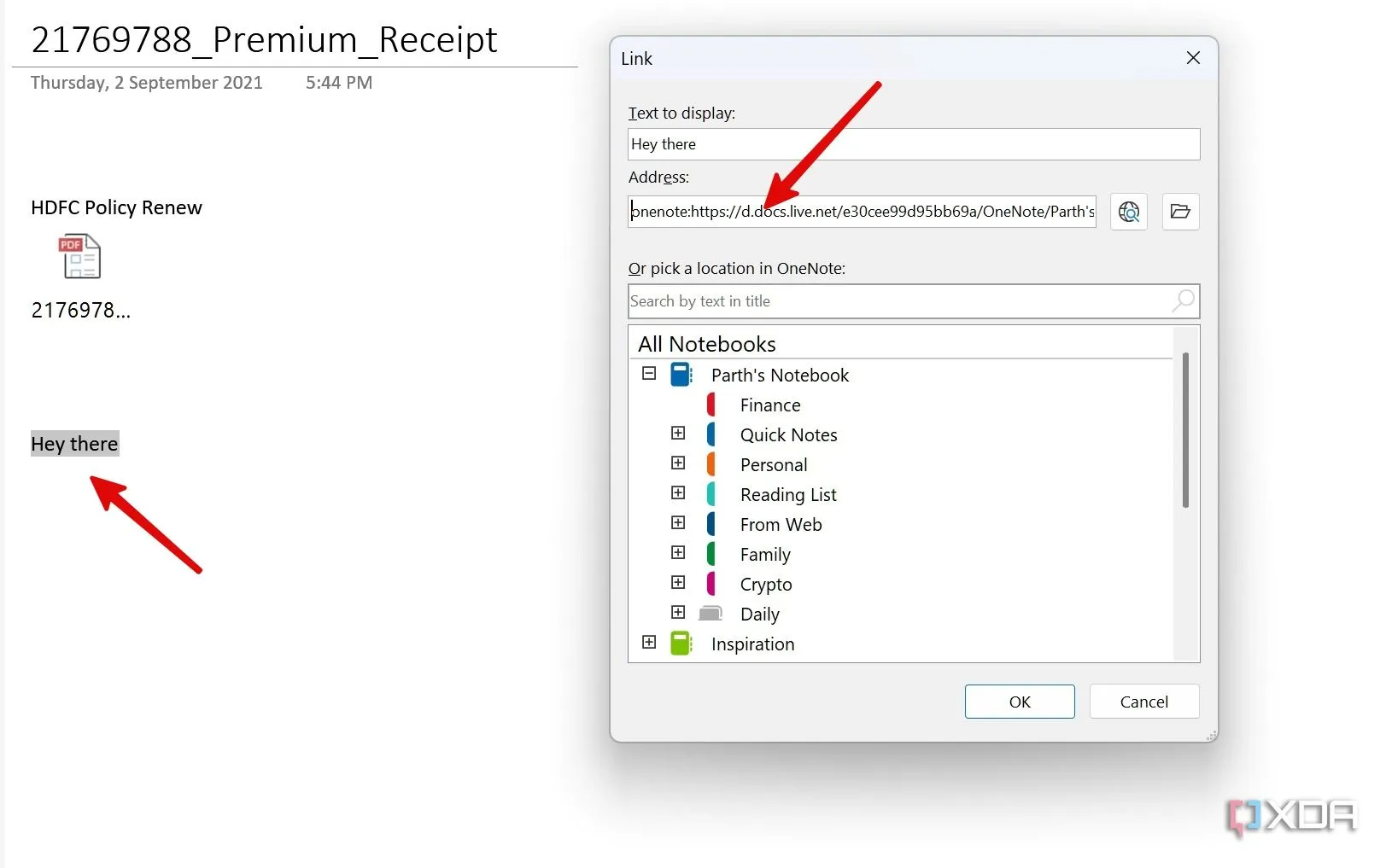 paste a link to OneNote