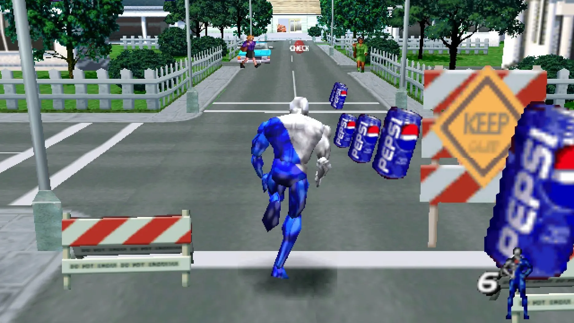 Pepsiman đang chạy trên đường phố và thu thập lon Pepsi, thể hiện gameplay đặc trưng của tựa game chạy vô tận độc quyền PS1 Nhật Bản