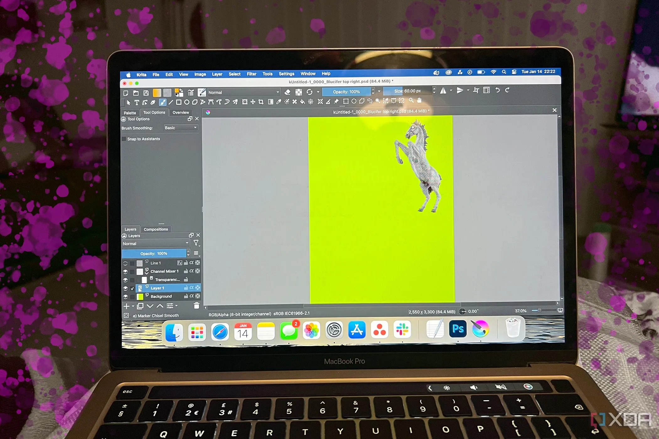 Phần mềm vẽ kỹ thuật số Krita hiển thị trên MacBook, tượng trưng cho sự linh hoạt của công cụ sáng tạo mã nguồn mở